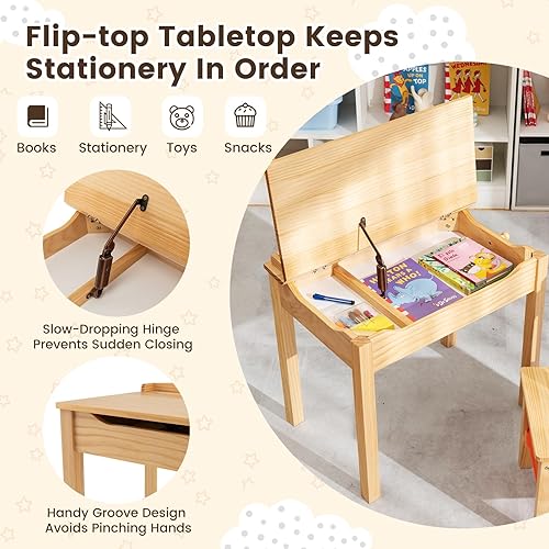 Miniatura 58 de HONEY JOY Juego de mesa y silla para niños, escritorio y silla de madera con cajón, soporte para rollo de papel y 2 rotuladores, juego de mesa de