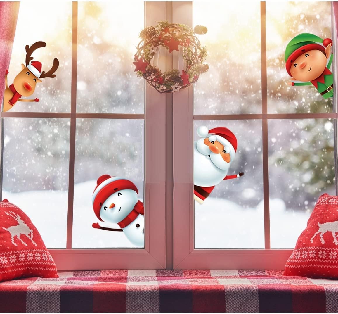 WandSticker 4U®- XXL réutilisable stickers noël fenêtre RENNE et LUTIN I Autocollant de fenêtre de noël enfants flocons de neige blanc I Décoration stickers fenêtre noël vitrine statique