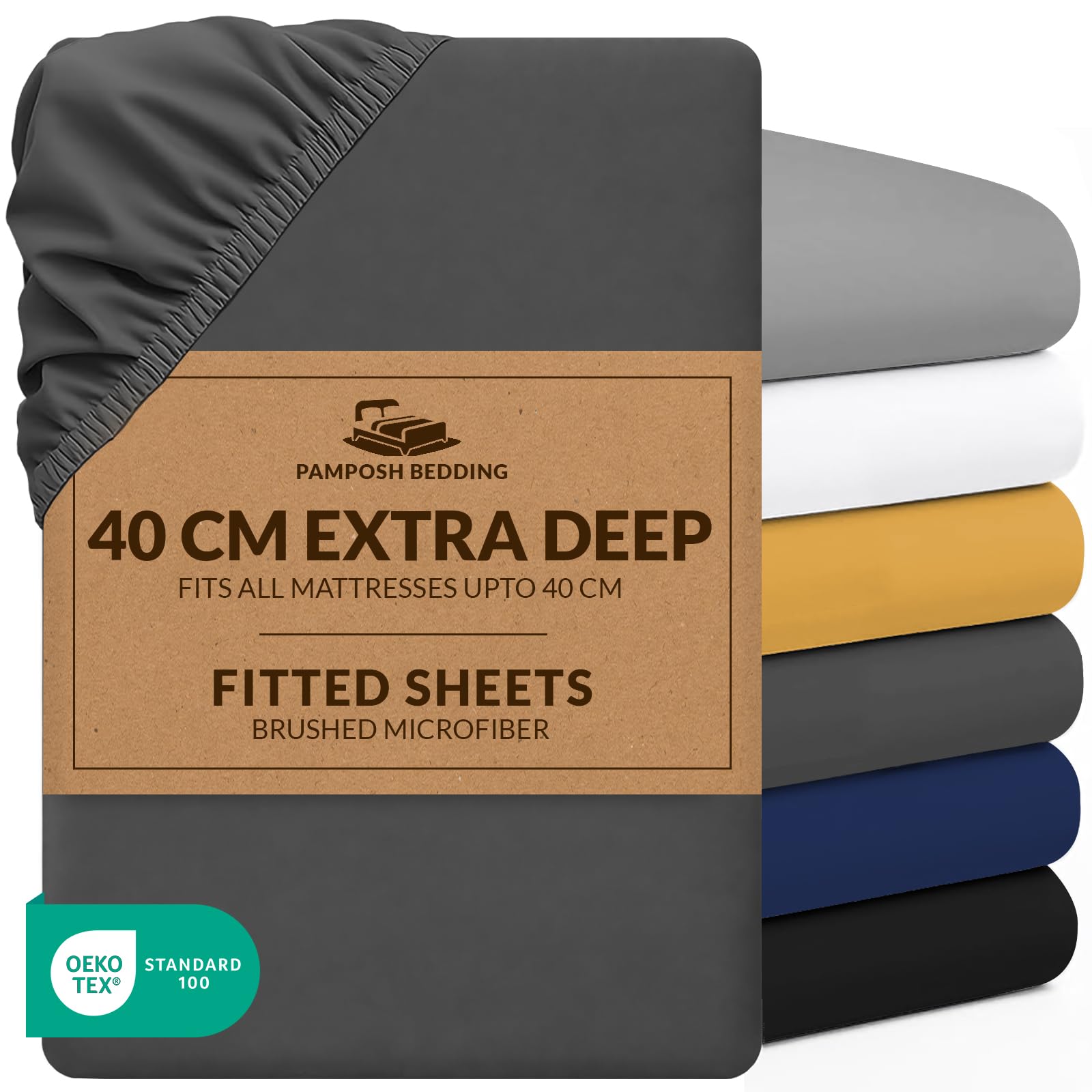 Pamposh Charcoal King Size Fitted Sheets Extra Deep Pocket 40 Cm (16 Inches) Durable Elastic Bed Sheets - Premium Brushed Microfibre Fitted Sheets King Size - Ultrasoft Hypoallergenic Fade Resistant