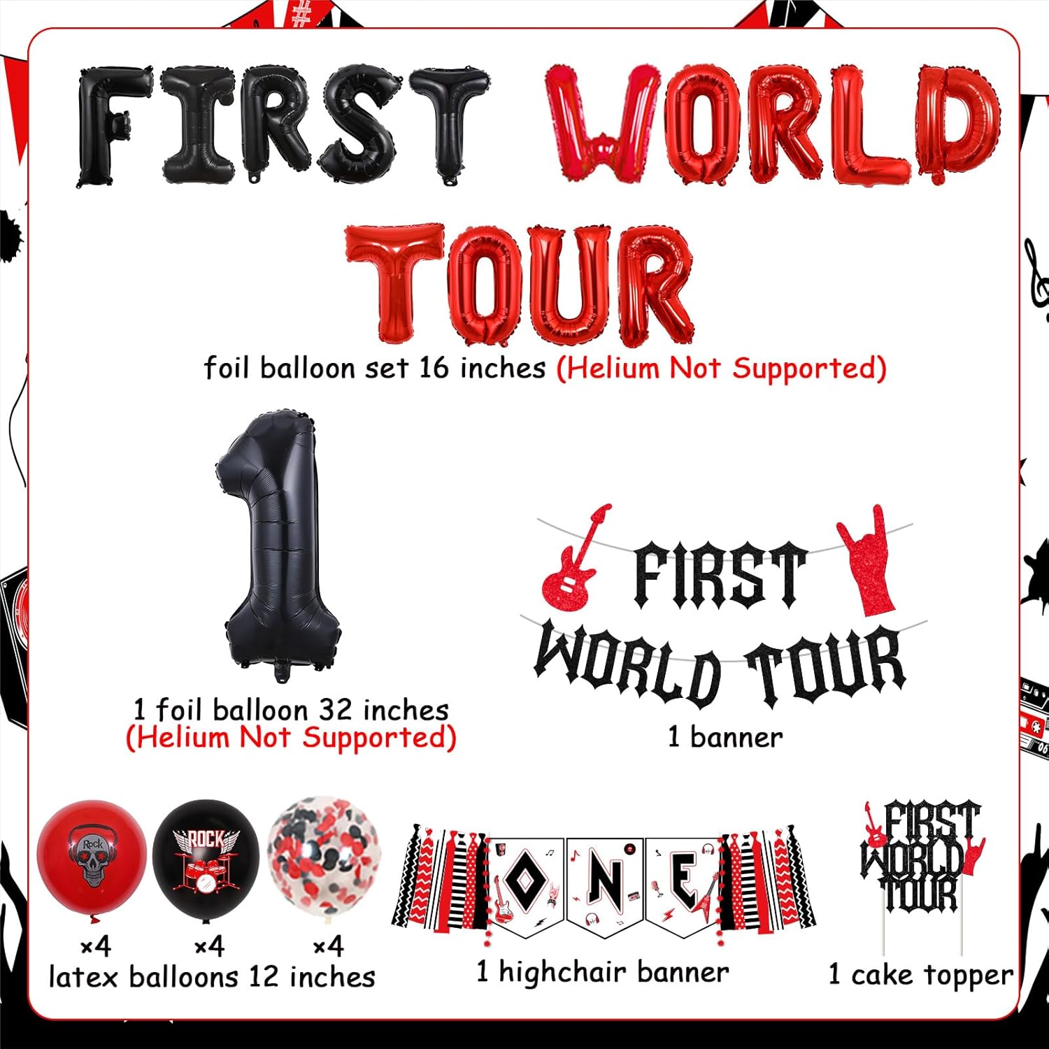 Kreatwow Rocks 1st Birthday Decoration First World Tour Birthday Balloon Banner One Rocks Highchair Banner Rock N Roll Party Cake Topper Rock And Roll Party Music Birthday Party Decor for 1st Birthday