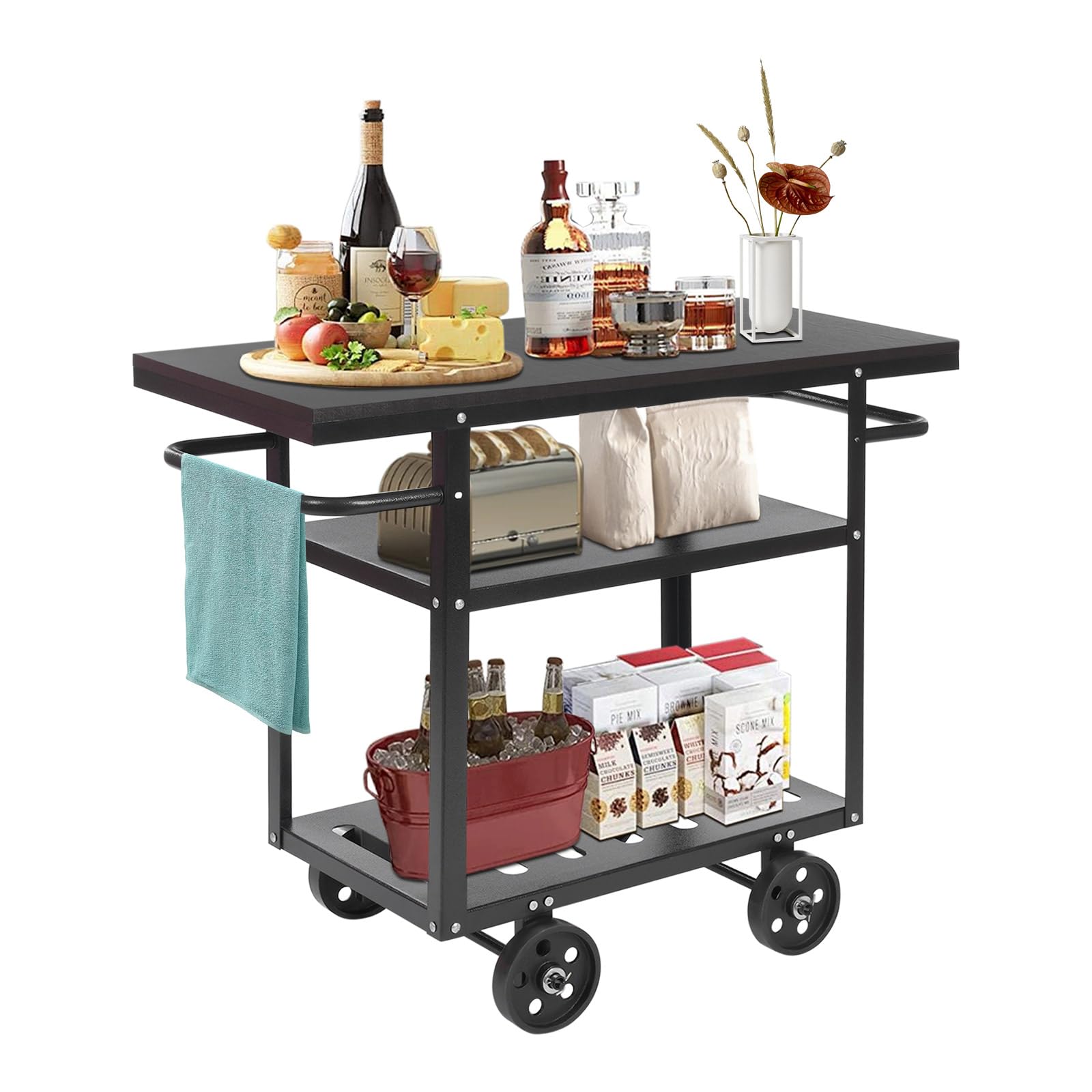 Carrello da servizio con ruote in acciaio al carbonio, carrello da cucina a 3 ripiani, 92 x 40 x 78 cm, carrello da portata fino a 60 kg, per sala da pranzo, ristoranti (nero)