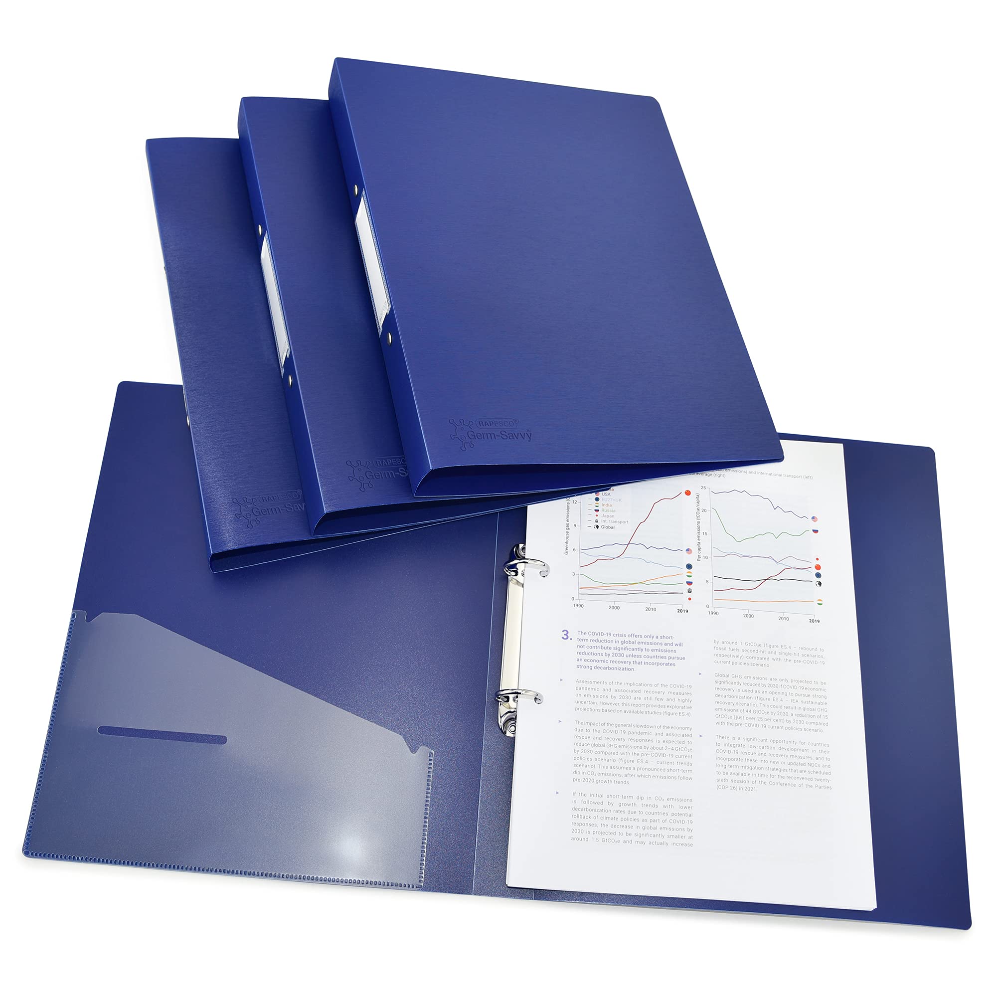 Rapesco 1660 2-Ring Binder with Antibacterial Protection, 35 mm Spine, A4, Blue, Pack of 4