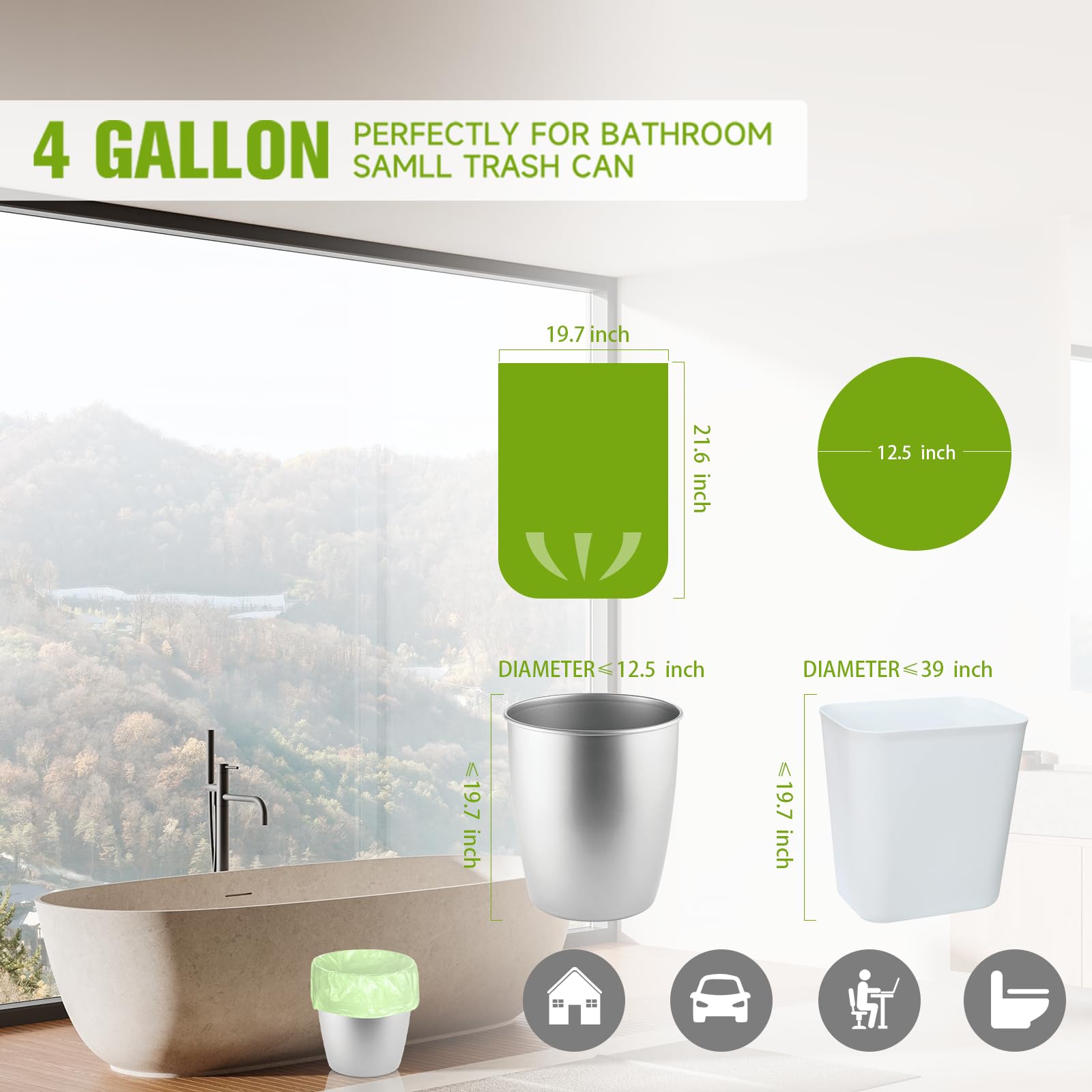 Rishipahu - Bolsas de basura pequeñas de 4 galones, 200 unidades, biodegradables, color verde, bolsas de basura para baño, oficina, dormitorio, bolsas de basura, sin perfume, 15 litros