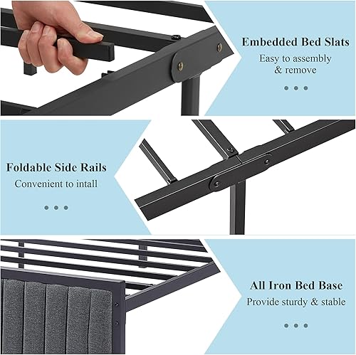 Miniatura 12 de VECELO Base de cama de tamaño matrimonial con cabecera tapizada, plataforma de listones de acero resistente, no necesita somier, gris oscuro Gris