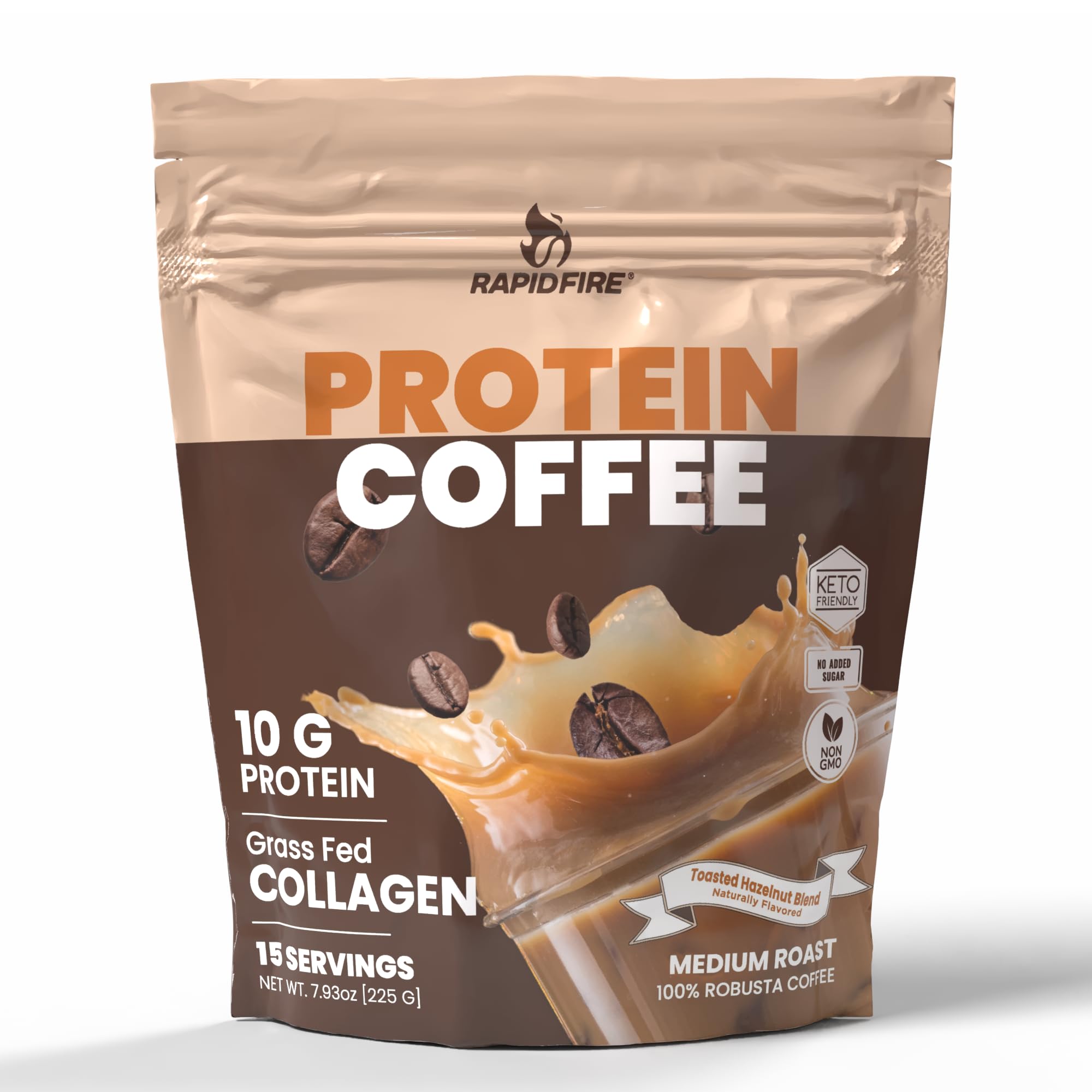 Protein Coffee, with 10g of Protein with Collagen, Promotes Muscle Growth, Supports Energy, Hot or Cold, Keto Friendly, 100% Robusta Coffee, 15 Servings, Hazelnut Flavor, Medium Roast