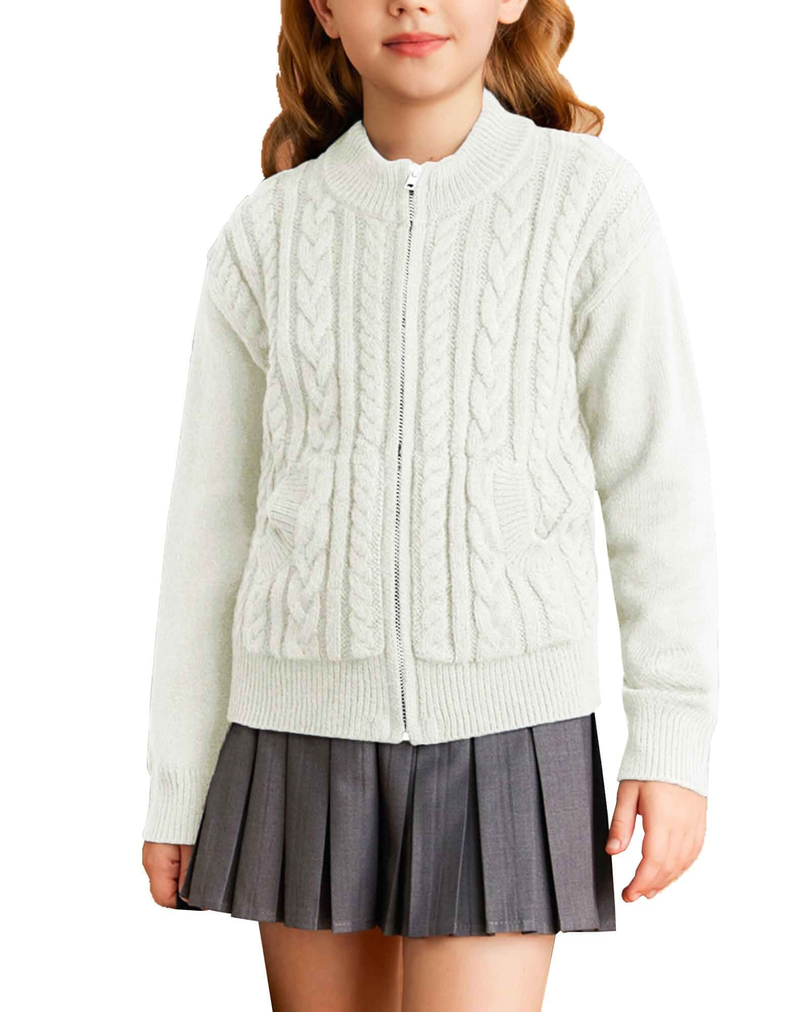 GRACE KARIN Girls Zipper Knit Sweater Cardigan School Uniform Jacket 5-14 Long Sleeve,Cable Knit,Pockets,Fall,Winter,Spring,Casual,Thick,Coral,Soft,Trendy,Sweatshirt,Fancy,Suitable for Kids Teen