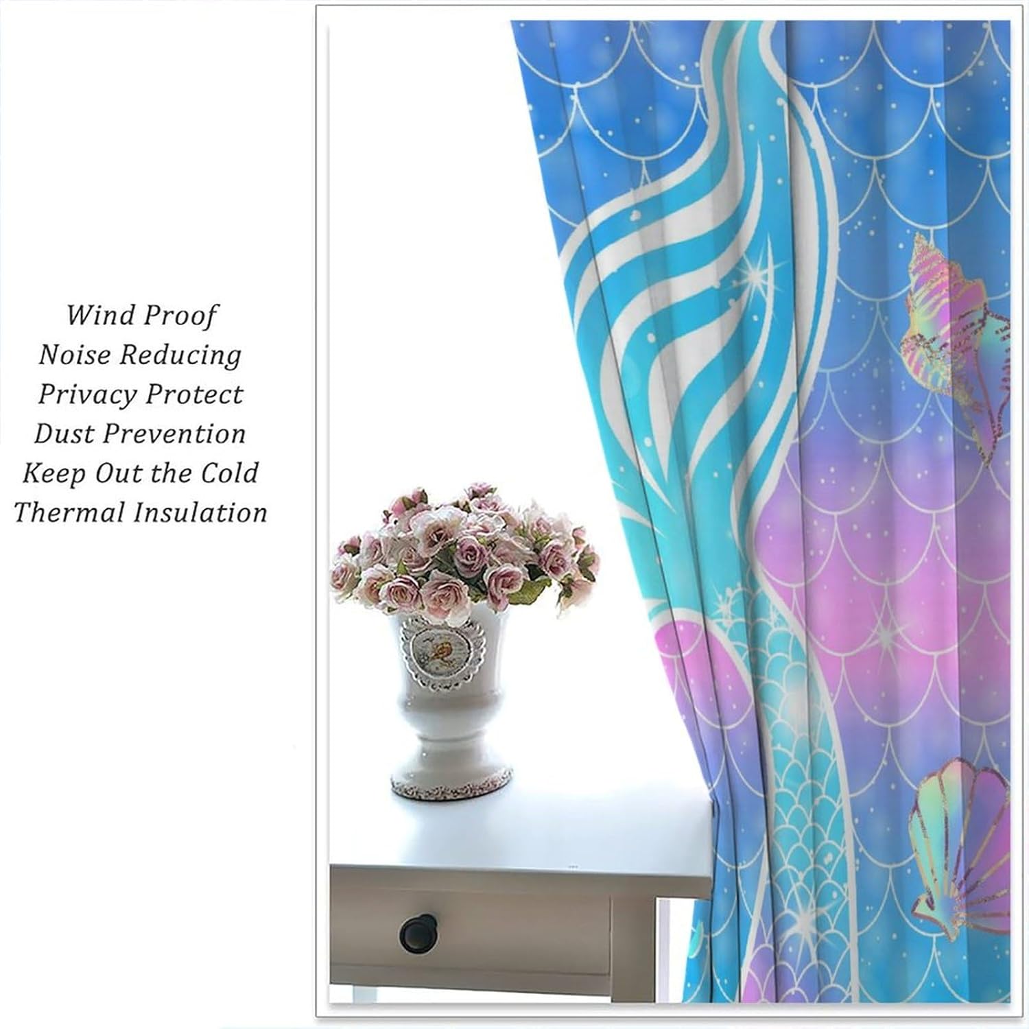 Mermaid Curtains for Girls Bedroom Decor Rainbow Mermaid Tail Fish Scale Fantasy Ocean Theme Art Printed Blackout Window Drapes Fabric Set 2 Panel 42x54 Inch 80% Shading Rate