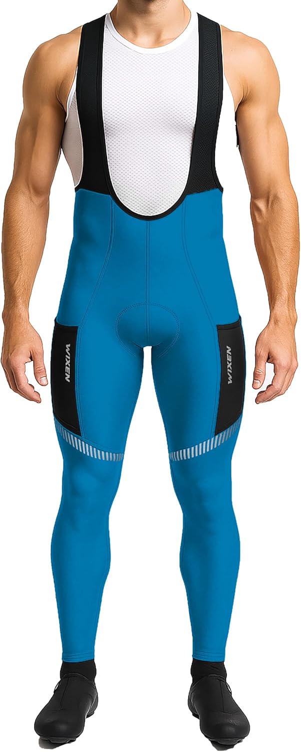 WIXEN Men’s Winter Cycling Bib Tights Thermal Fleece 3D Padded Bike Bib Pants with 4 Pockets