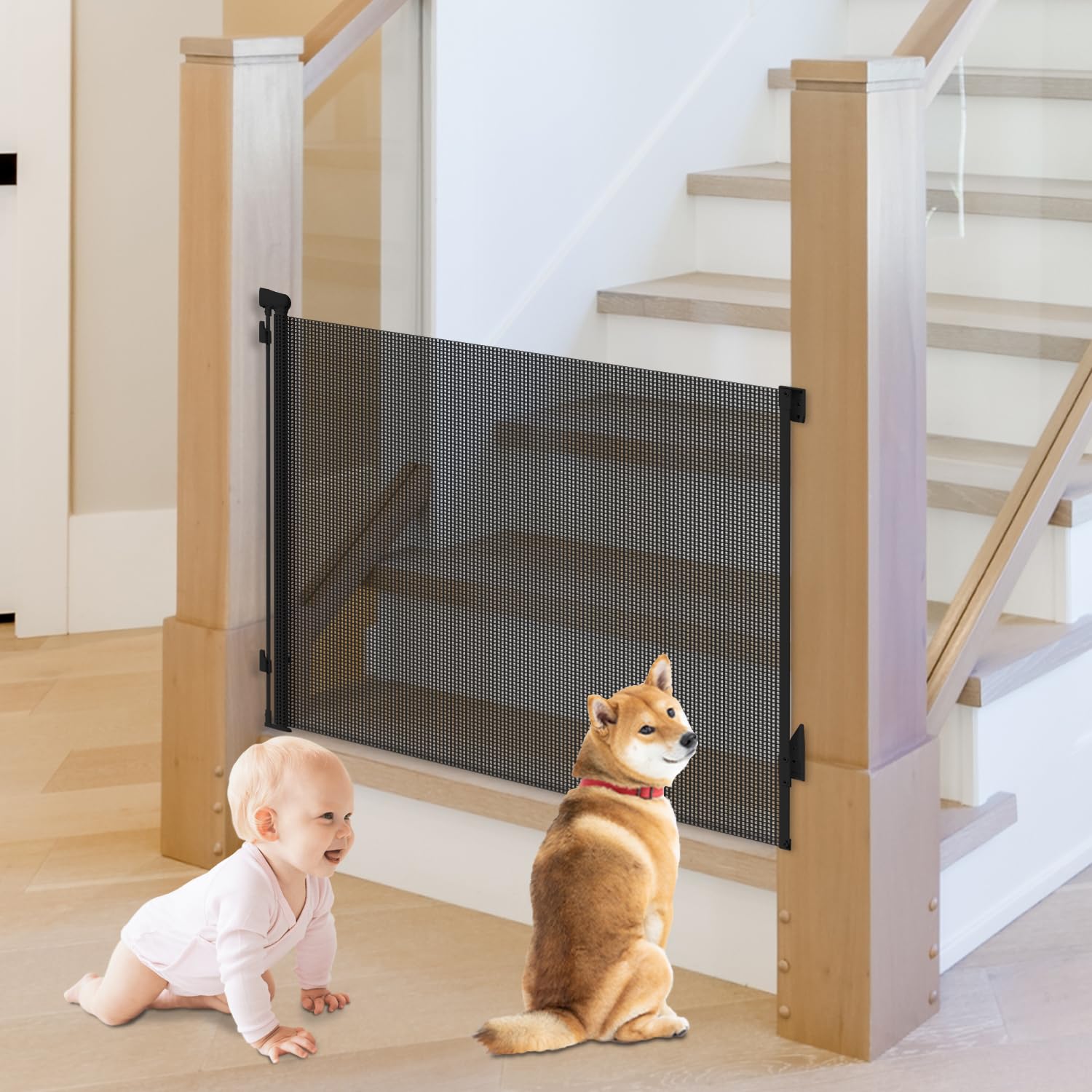 JSQBSECL Retractable Baby Gate, Pet Gate for Stairs, Mesh Dog Gate for Doorways, Safety Locking Gates for Baby Indoor, Stair Gate for Outdoor,