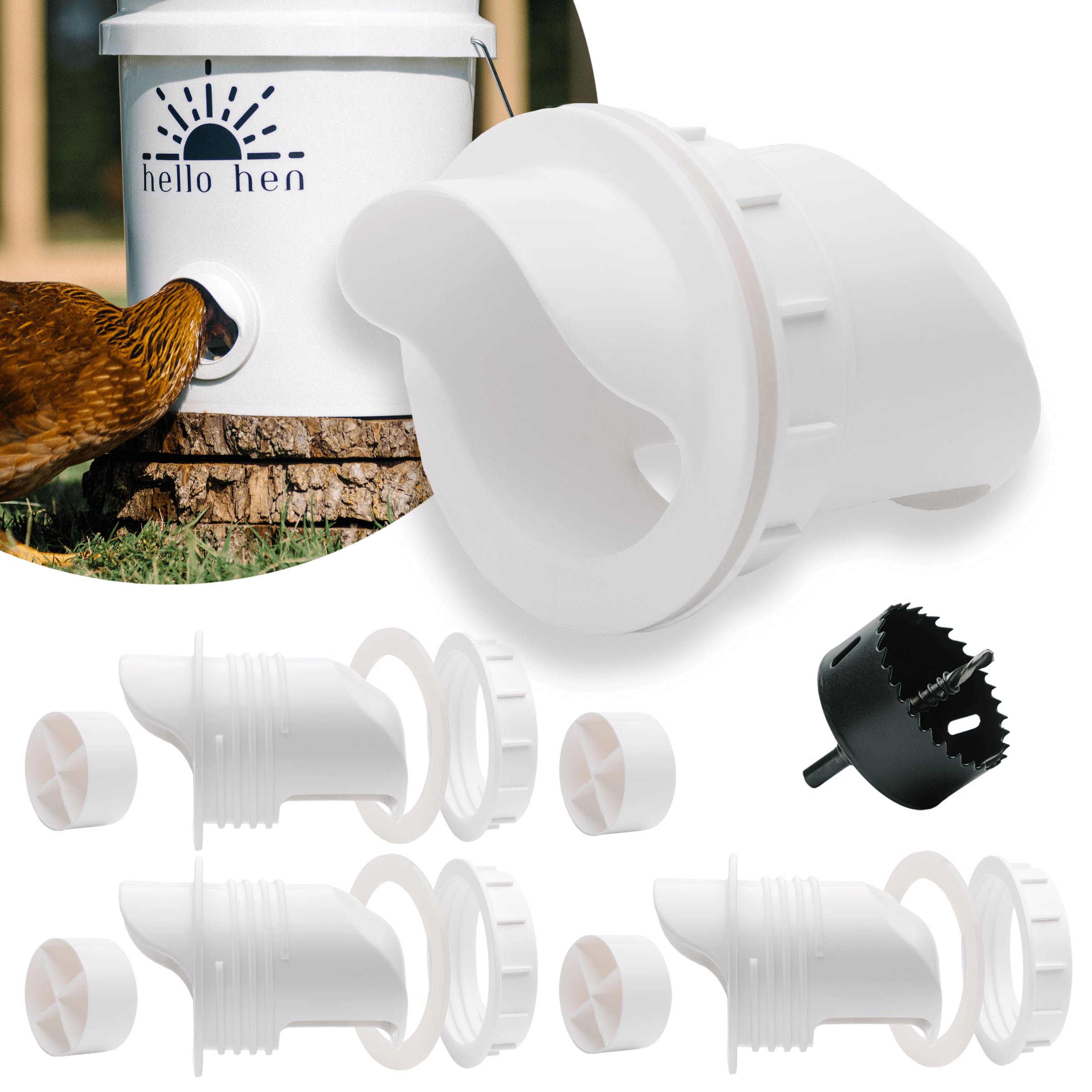 Chicken Feeder Kit with 4 Ports, 1 Hole Saw DIY Automatic Chicken Feeder Port for Poultry and Duck - Comederos para Gallinas