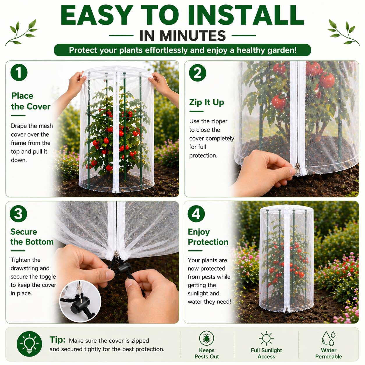 Vogelschutznetz & Insektenschutznetz für Tomaten Rankhilfe und Rankgitter, ohne Gestänge, 3er Set Rundes Pflanzenschutznetz Ø45 × 155 cm, Engmaschiges Gemüseschutznetz mit Reißverschluss und Zugband