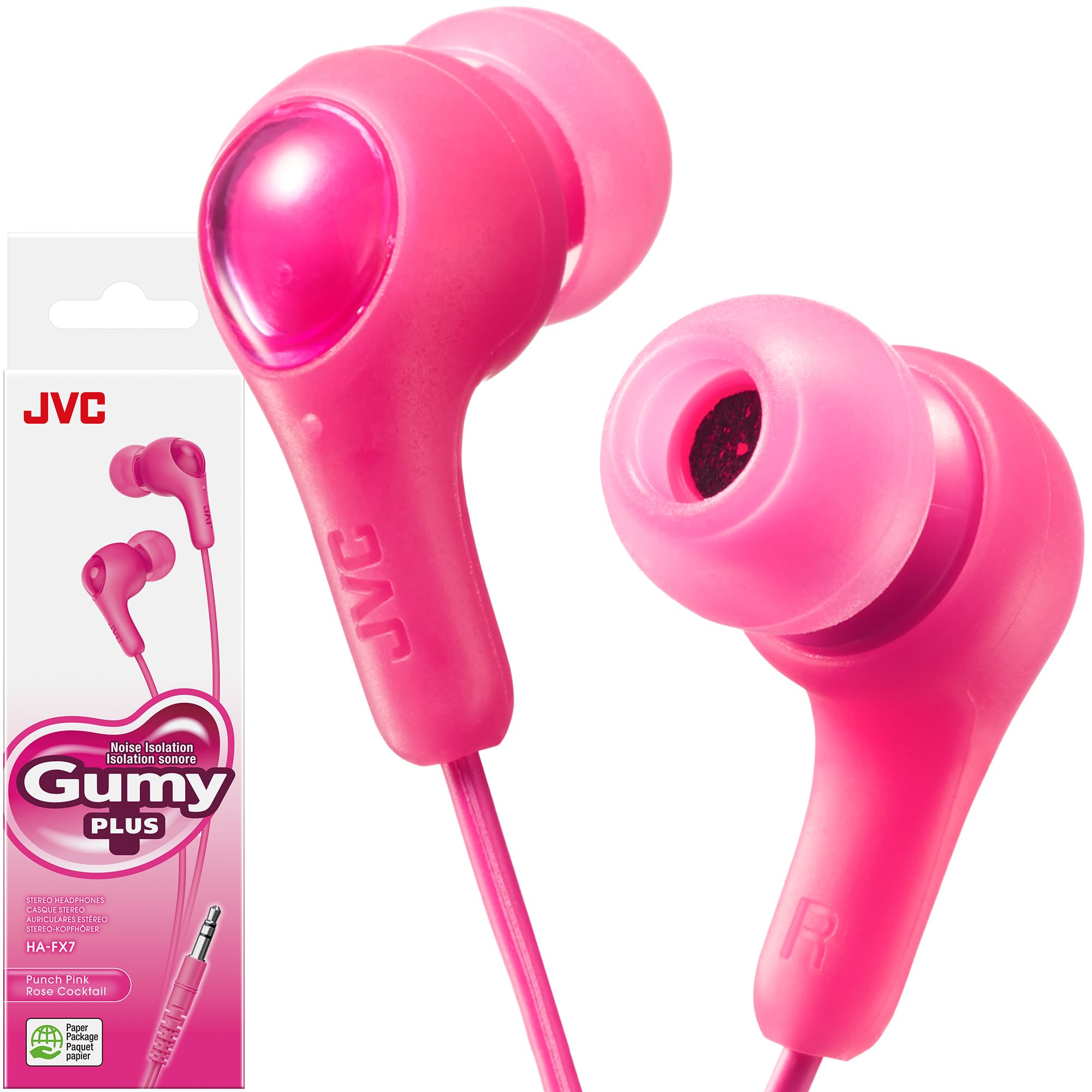 JVC Gumy in Ear Earbud Headphones with Paper Package, Powerful Sound, Comfortable and Secure Fit, Silicone Ear Pieces S/M/L - HAFX7PN (Pink)