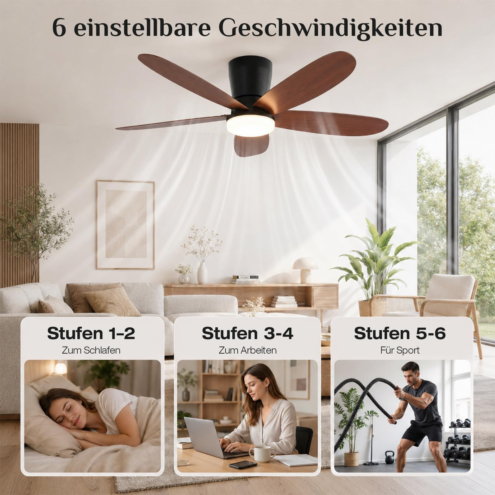 Deckenventilator mit Beleuchtung & Fernbedienung, App-Steuerung 107 cm Deckenventilator Leise mit DC Motor, Dimmbare LED in 3 Farben, 6 Geschwindigkeiten, Reversibel für Schlafzimmer & Wohnzimmer
