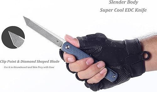 Miniatura 4 de WALLOPTON Cuchillo plegable de bolsillo, acero CPM-S35VN de 0.16 pulgadas de grosor, mango delgado G10 azul cielo con rompecristales, fácil de