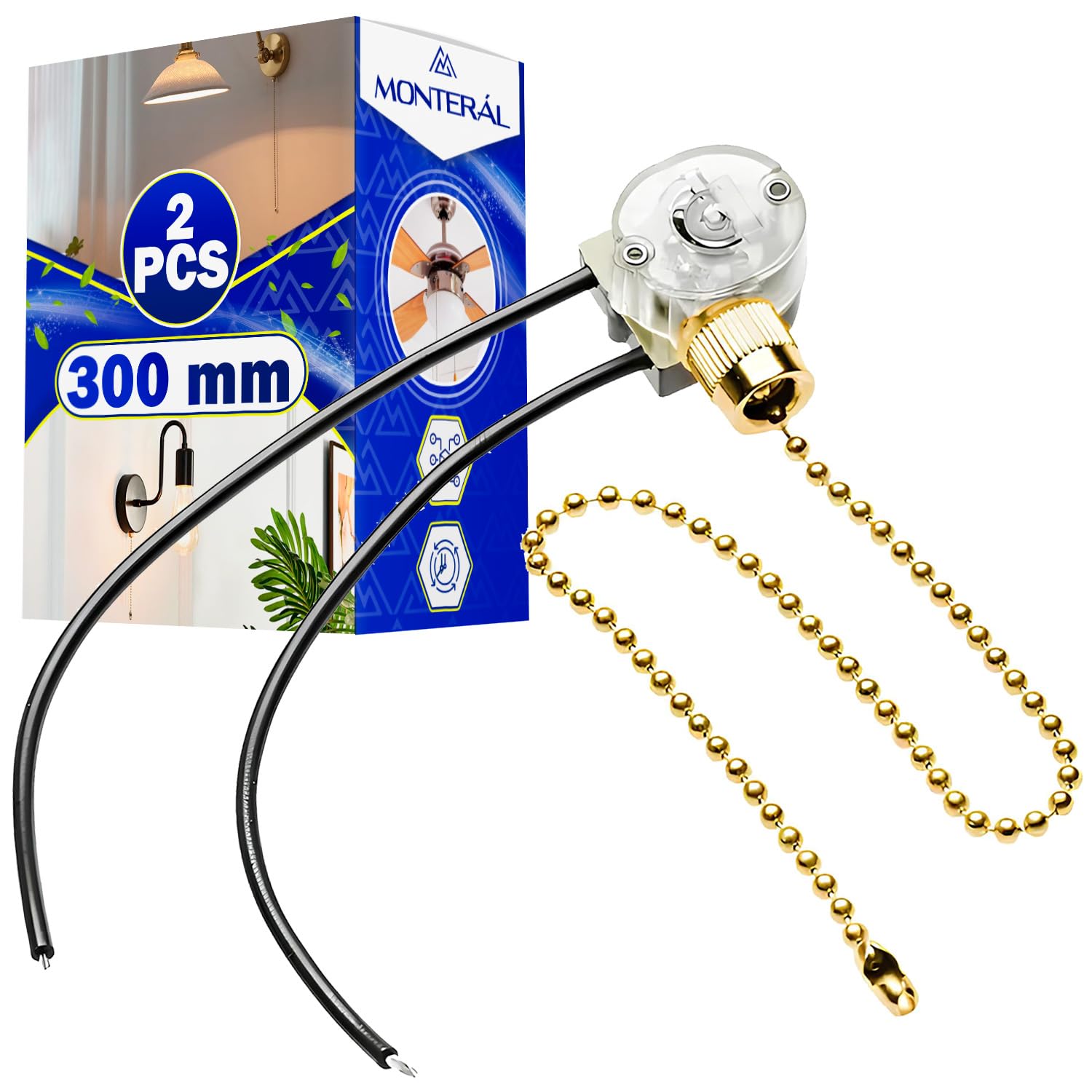 2 Pezzi Interruttore a Corda per Luce con Catena da 300 mm 750W 220-240V - Garanzia di 10 Anni - MONTERAL