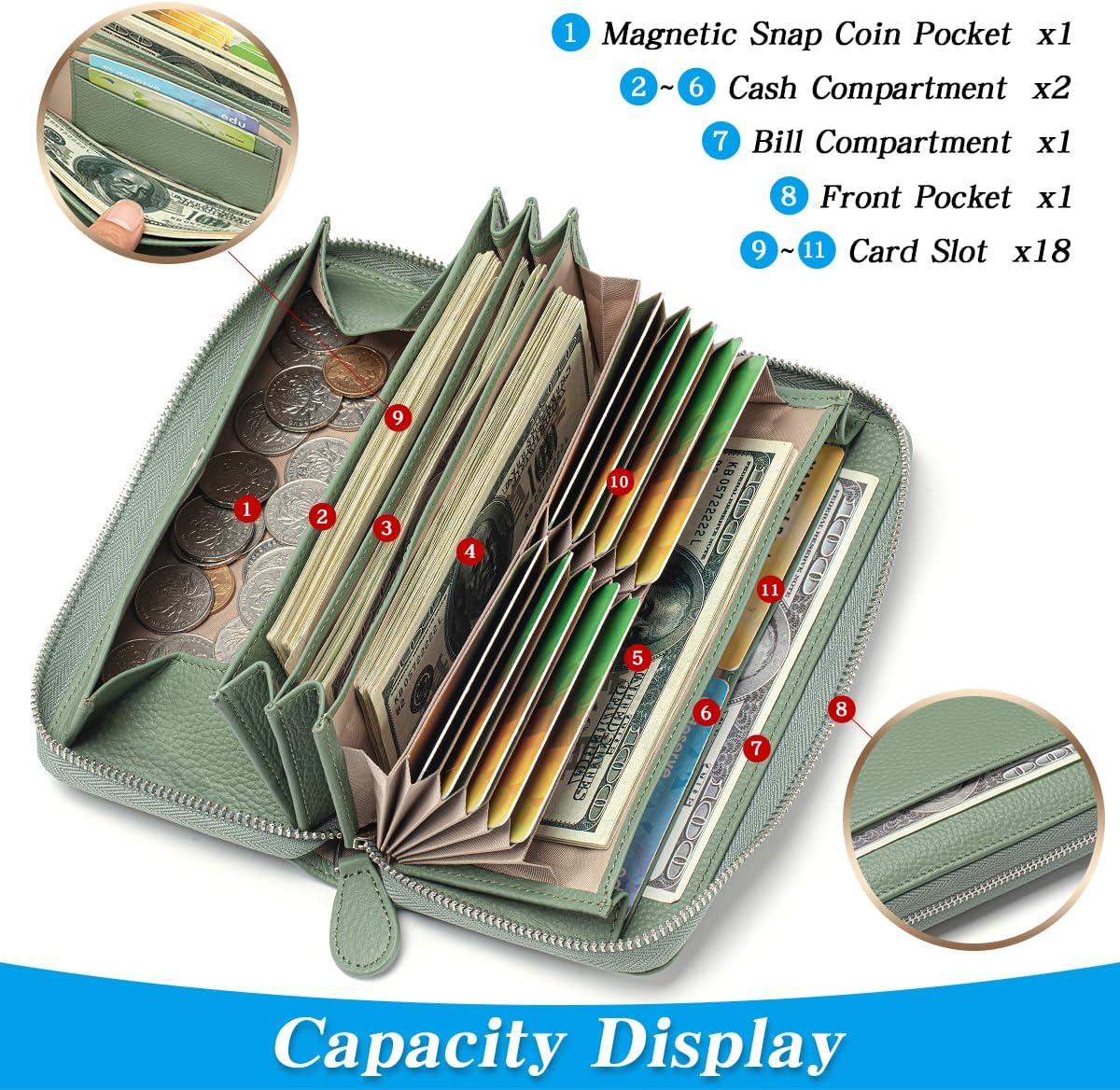 Wallets for Women RFID Blocking Real Leather Extra Long Large Capacity Zipper Clutch Wallet with 18 Card Slots, Green - Image 2