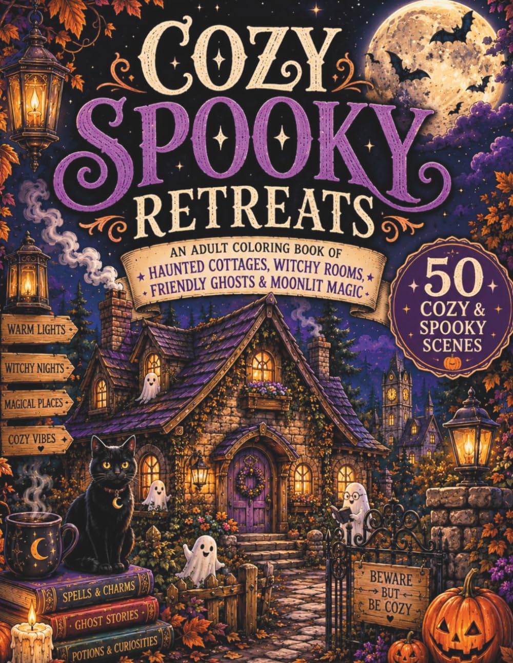 Cozy Spooky Retreats: An Adult Coloring Book of Haunted Cottages, Witchy Rooms, Friendly Ghosts, & Moonlit Magic (Cozy Fantasy Coloring Books)