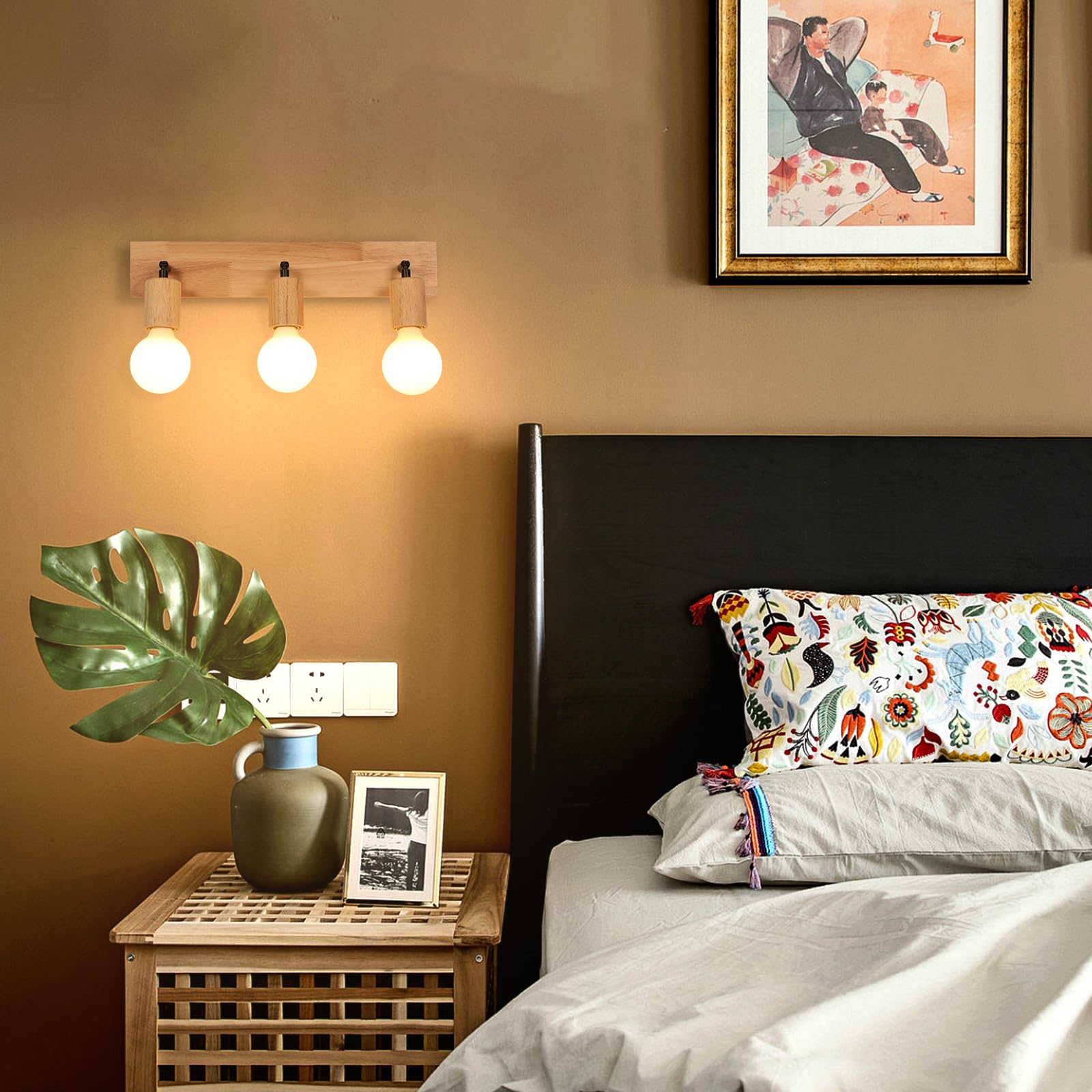 LIGKIN Vintage E27 Interior Wall Lamp Wood Head Lamp 3 Spots for Bedroom Living Room Hallway - Image 2