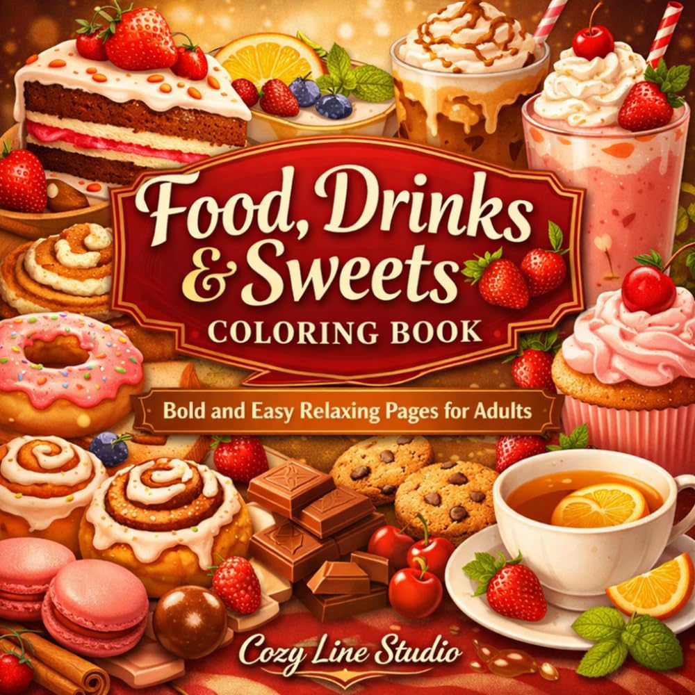 Food, Drinks & Sweets Coloring Book: Bold and Easy Relaxing Pages for Adults (Cozy Line Studio Collection)