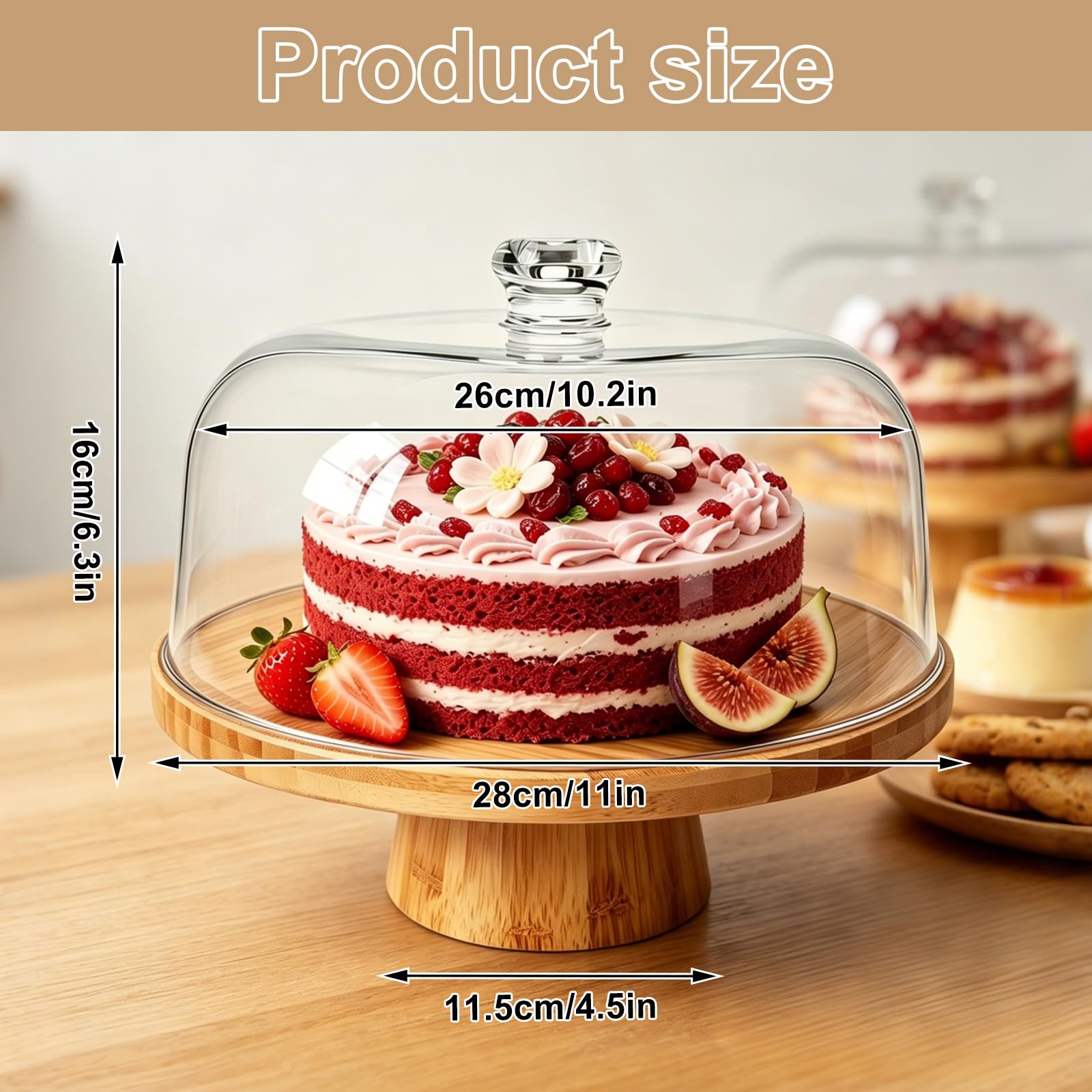 Bandeja para tartas de madera, bandeja para tartas con tapa, soporte multifuncional para tartas, 30 cm, redondo con pie, soporte para tartas para cumpleaños, bodas, fiestas, regalo (madera