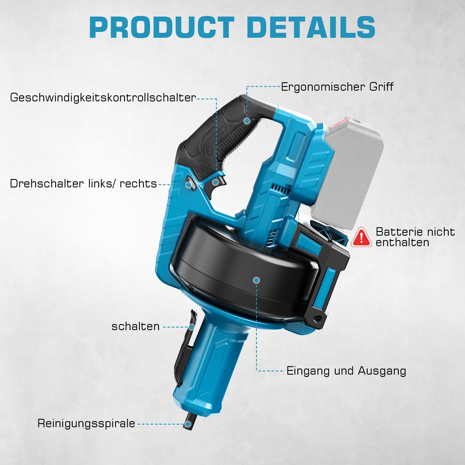 Furet Déboucheur de Canalisations, Furet Flectrique Compatible avec Makita 18 V Batterie, Arbre Flexible de 9mm 7,6m Tarière de Vidange Adapté au Diamètre du Tuyau de 16-85mm Tuyaux de Dragage