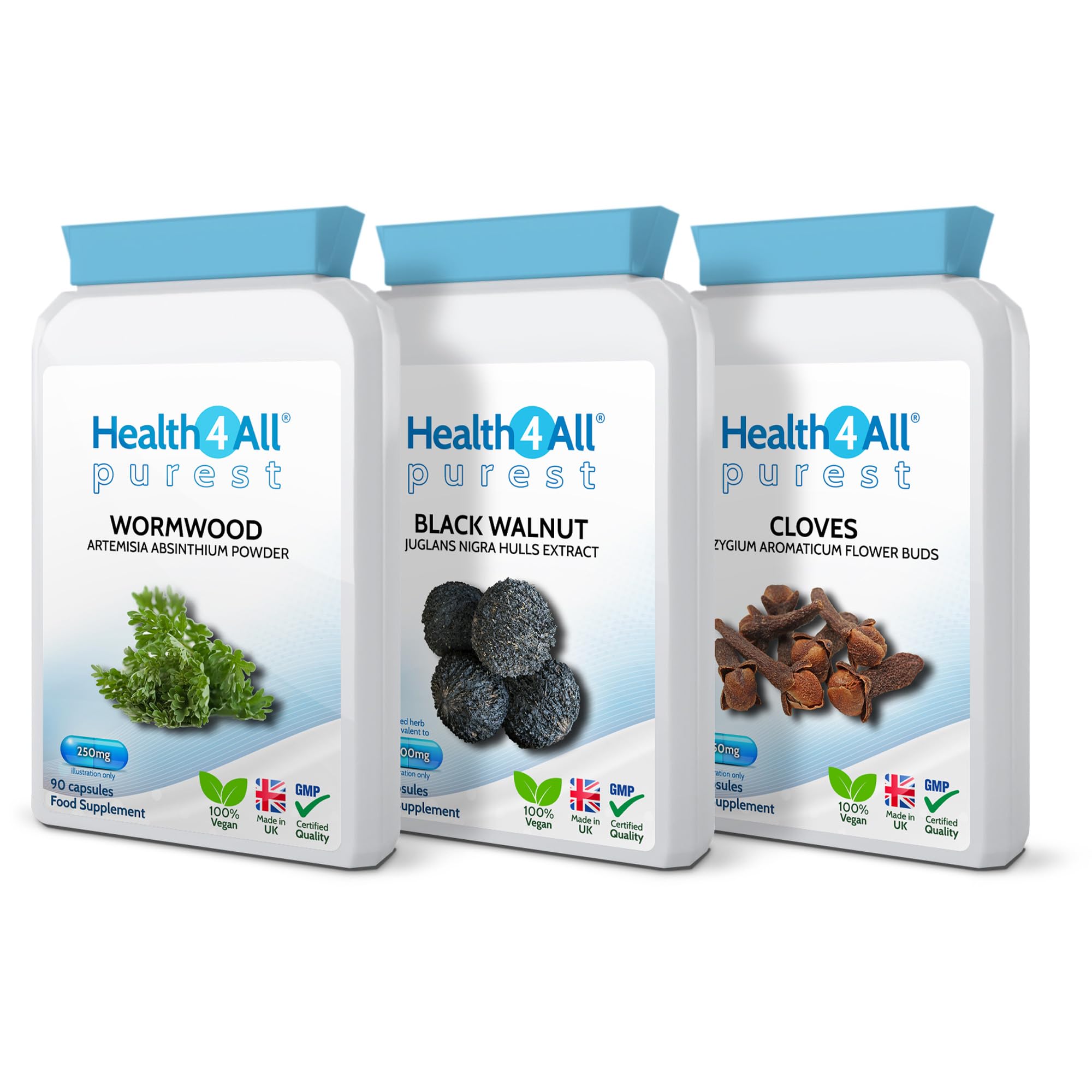 Health4All Wormwood, Black Walnut, Cloves Digestive Intestinal Detox Cleanse for Humans Set, 3x90 270 Capsules, 3 Step Gut Cleanse & Repair, Purest Vegan Intestinal Detox Supplement | Made in UKHealth4All Wormwood, Black Walnut, Cloves Dige…