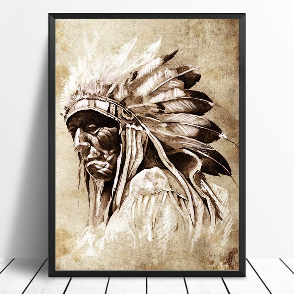 Portrait Amérindien Toile Mur Art 80x120 cm peinture noir et blanc sans châssis art-1