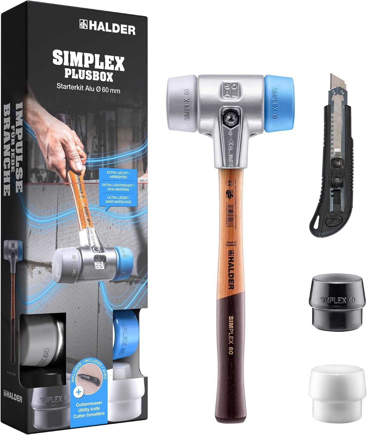 Simplex-Plusbox Starter Kit Aluminium, Simplex Soft Hammer D60, TPE Soft / TPE-mid, with Aluminium Housing and 1 Impact Insert Rubber Composition and Superplastic Plus Cutter Knife | 3113s004