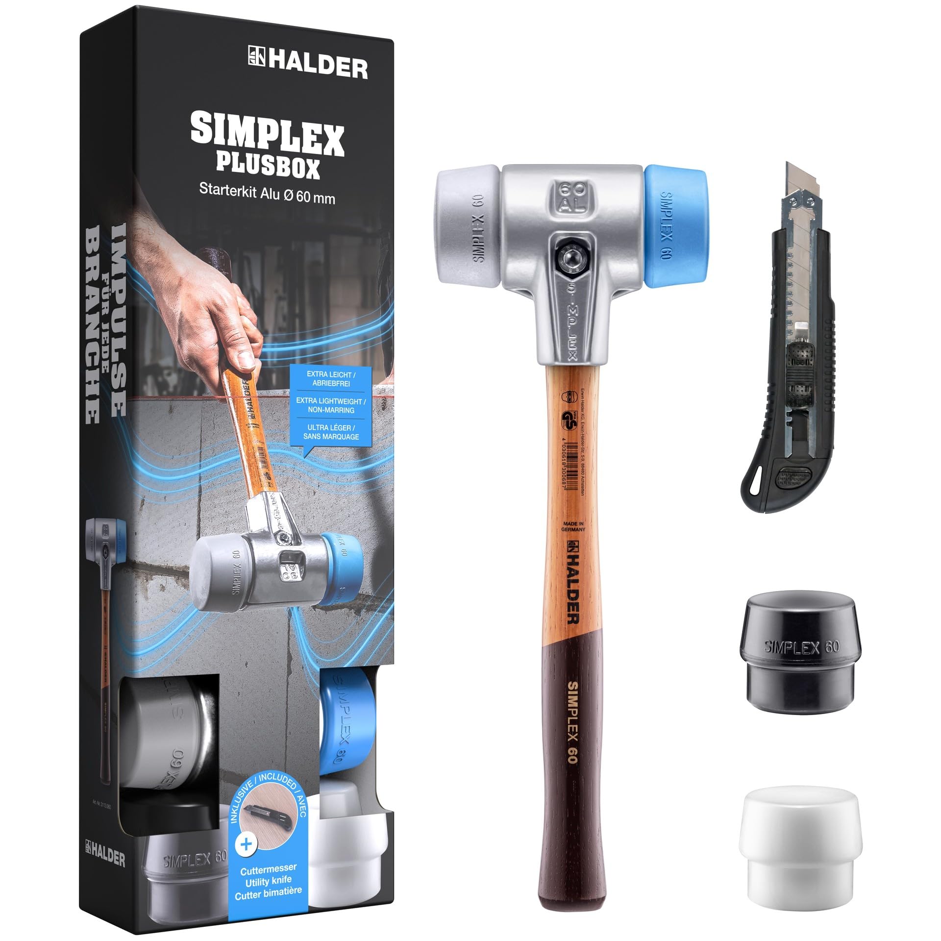 Simplex Plus Box Starter kit in alluminio, martello Simplex D60, TPE-soft/TPE-mid, con alloggiamento in alluminio e un inserto in gomma e super plastica + taglierino | 3113s004
