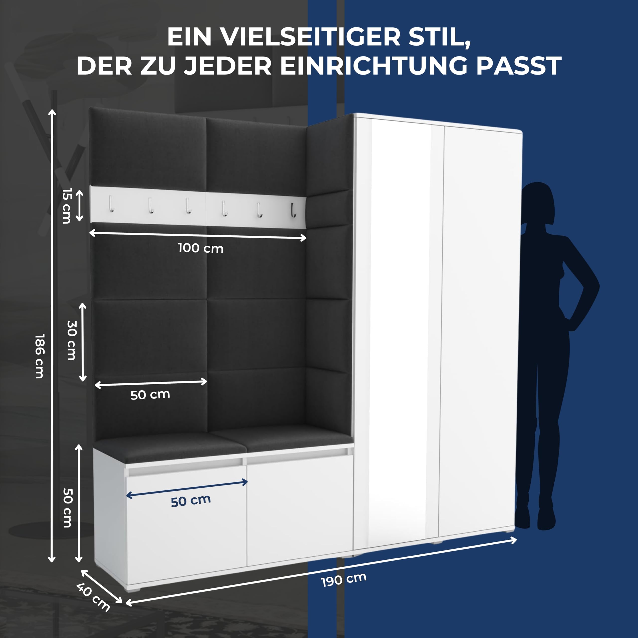 Brent Flurgarderobe Luton 4 Set: Schuhbank mit Sitzfläche, Garderobenpaneel, Garderobe mit Spiegel, Grau + Schwarz