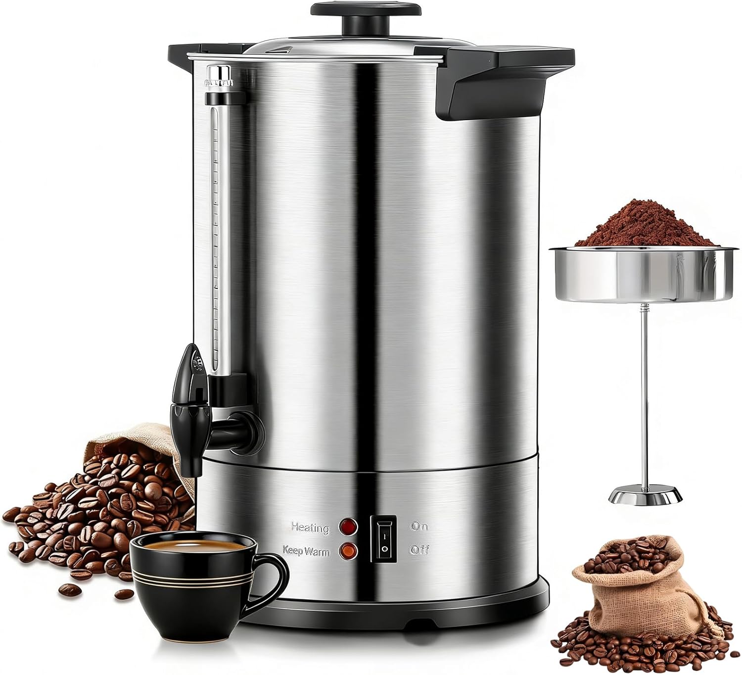 CTJ Commercial Coffee Urn 100-Cup Coffee Maker Machine Stainless Steel Percolate Hot Water Urn 15L/4 Gallon Large Capacity Hot Beverage Dispenser w/Removable Filter for Coffee, Tea, Water