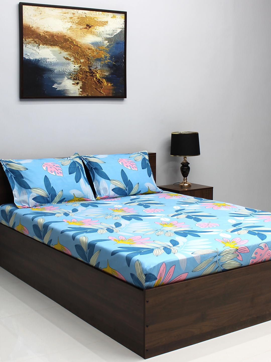 Buy Bombay Dyeing 110 GSM Microfiber Blue Vista Double Bedsheet with 2