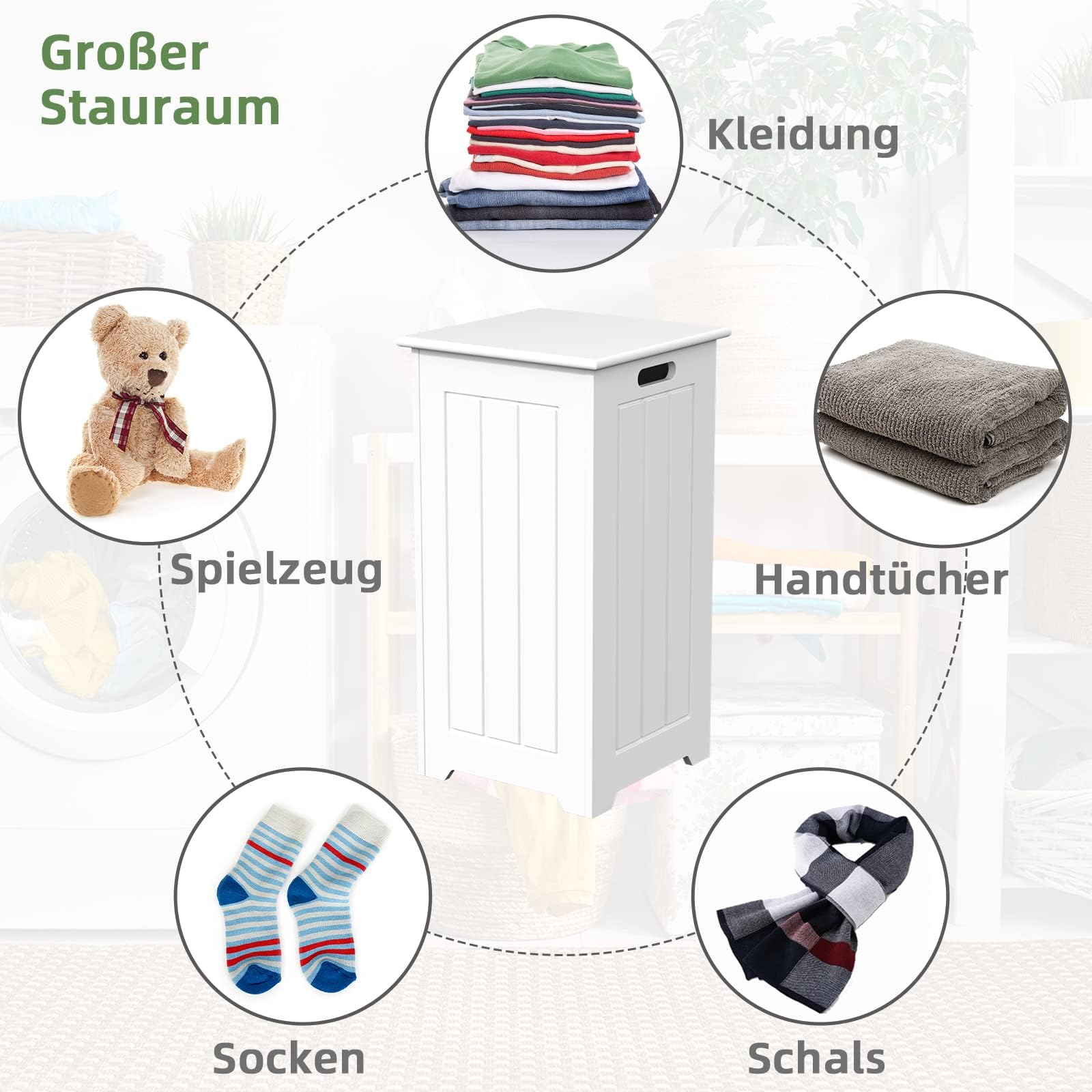 COSTWAY Wäschekorb mit Deckel, Wäschesammler 30cm breit, Wäscheschrank, Wäschetruhe Holz, Badschrank schmal, Aufbewahrungsschrank für Badezimmer & Waschküche, weiß