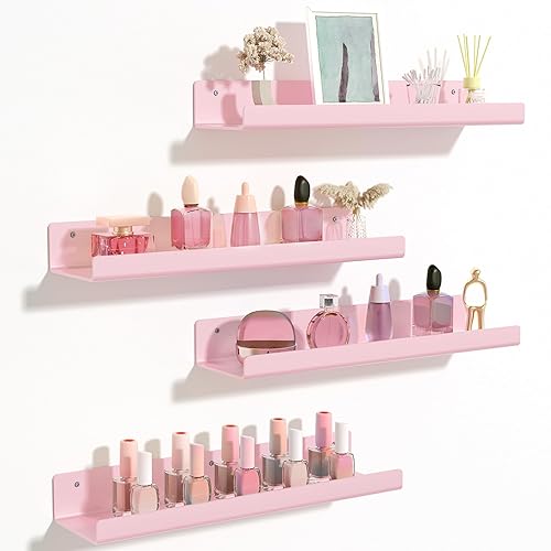 upsimples Acrylic Shelves for Wall Decor, 15" Display Shelf Perfume Organizer for Bathroom, Bedroom, Living Room, Floating Bookshelves for Kids, Pink, 4 Pack - 4 - Pink