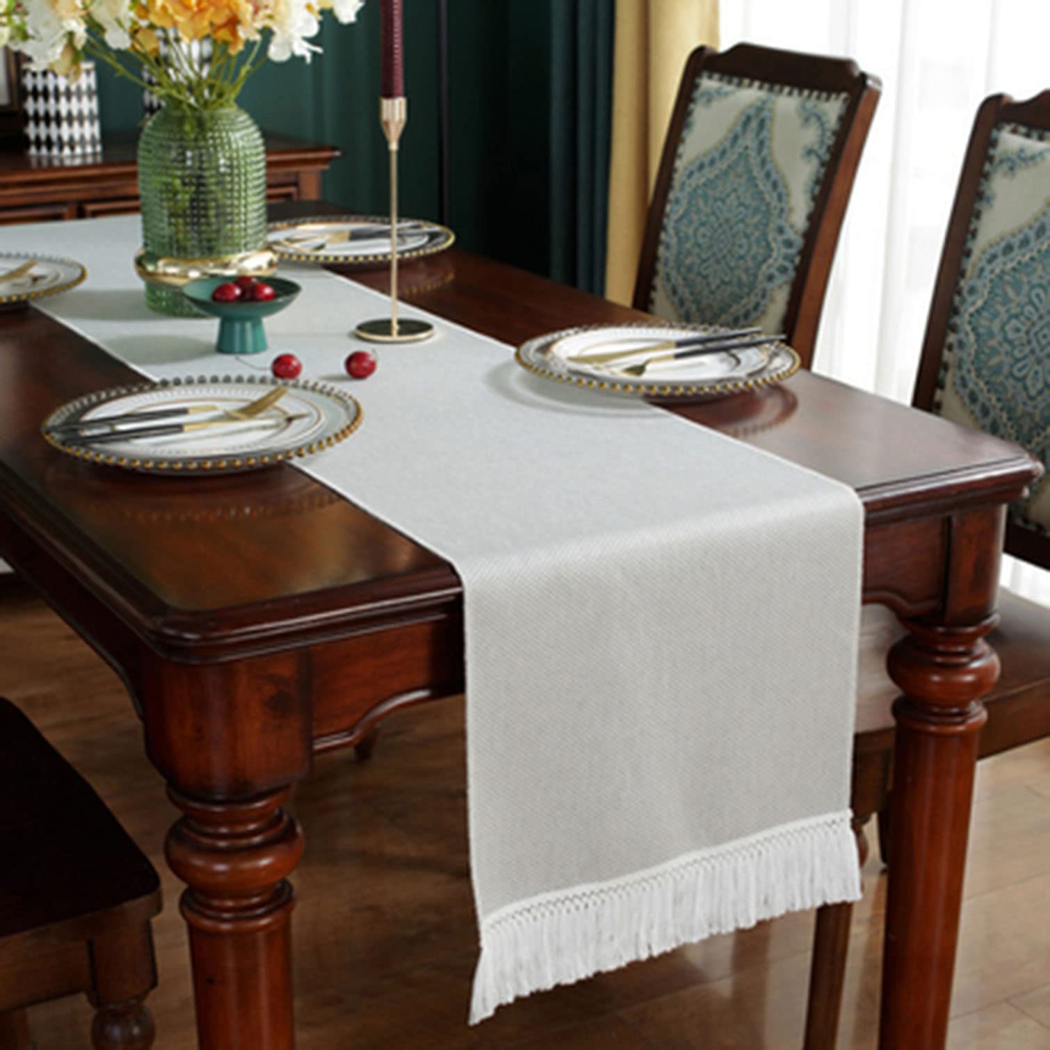 Runner da Tavolo con Frange,Tovagliette in Cotone Intrecciato a Mano Stile Europeo per Cucina o Tavola da Pranzo,per Casa,Matrimoni,Hotel,Caffè,Feste e Uso Quotidiano (Beige,33x200cm/13x78.7in)