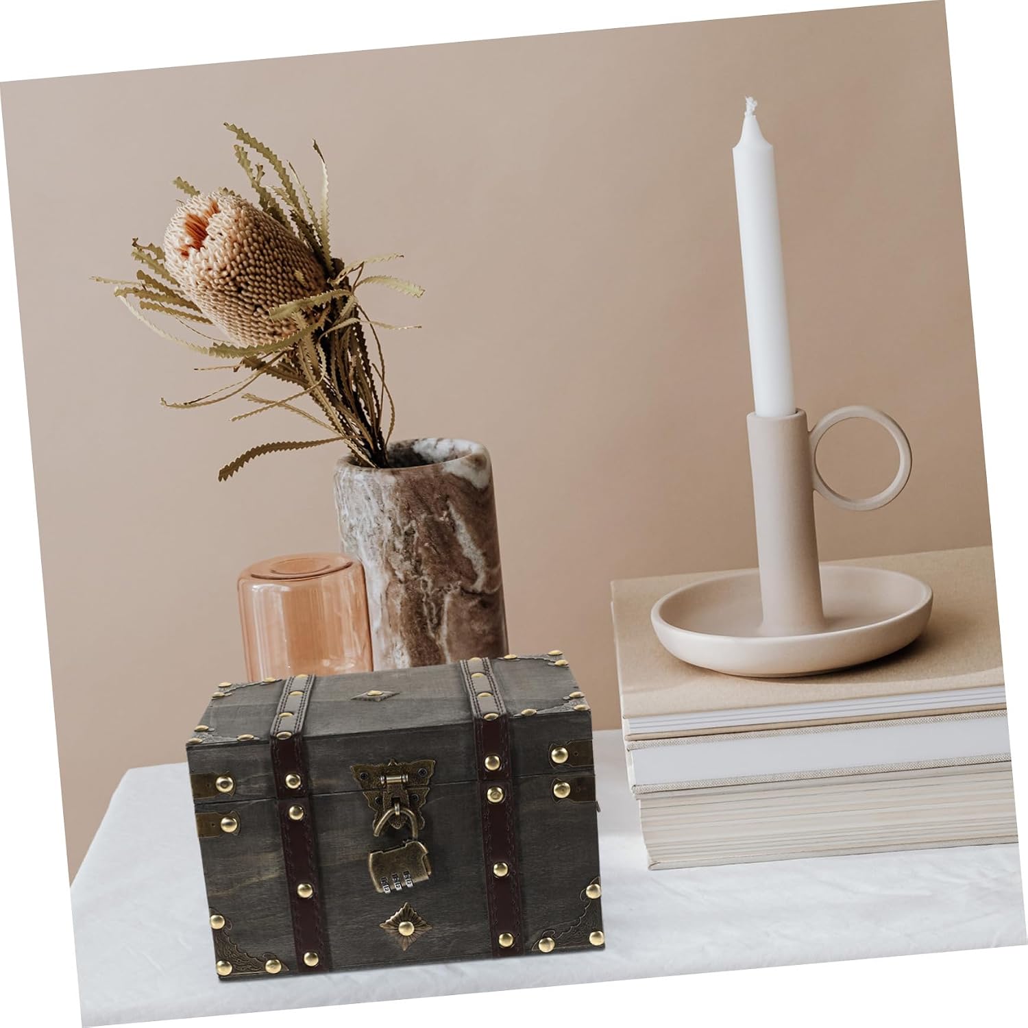 Holibanna Wooden Treasure Chest Lockable Storage Box Padlock Jewelry Document Box