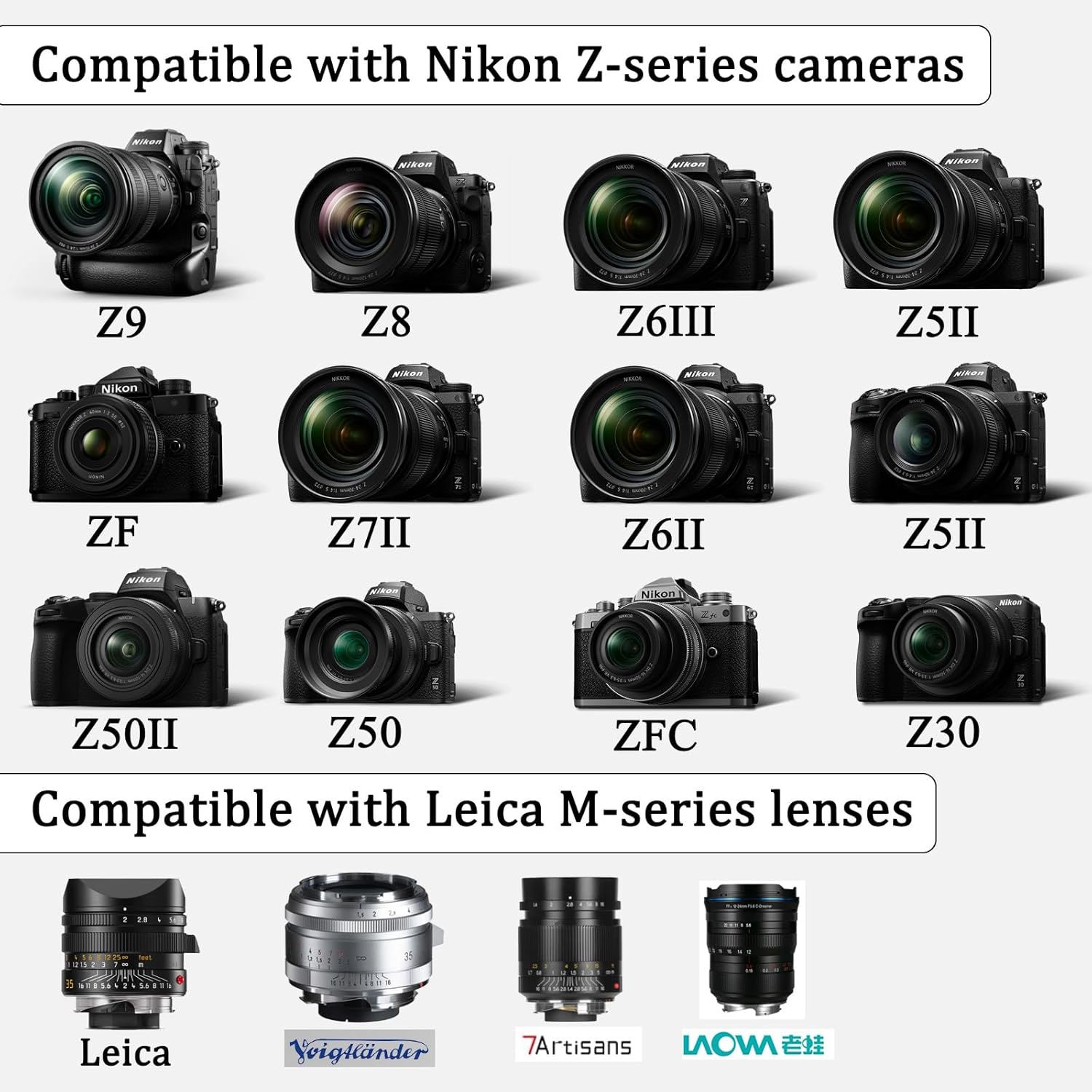 M-Z Lens Adapter with Focus Reminder, Used to Install M-Mount Lenses onto Z-Mount Cameras, for Nikon Z Camera ZR Zf Z5II Z9 Z8 Z7II Z6III Z6II Z5 Z50II Z50 Z30 for Leica M Series Lens.