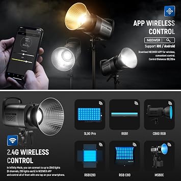 NEEWER CB60B 70W LED Video Light with 2.4G&APP Control, COB Bi Color 2700K-6500K 34000Lux at 1m/CCT CRI97+/12 Scenes/Bowens Mount, Bluetooth, with Reflector, Power Cord, Manual, Studio/Video Recording