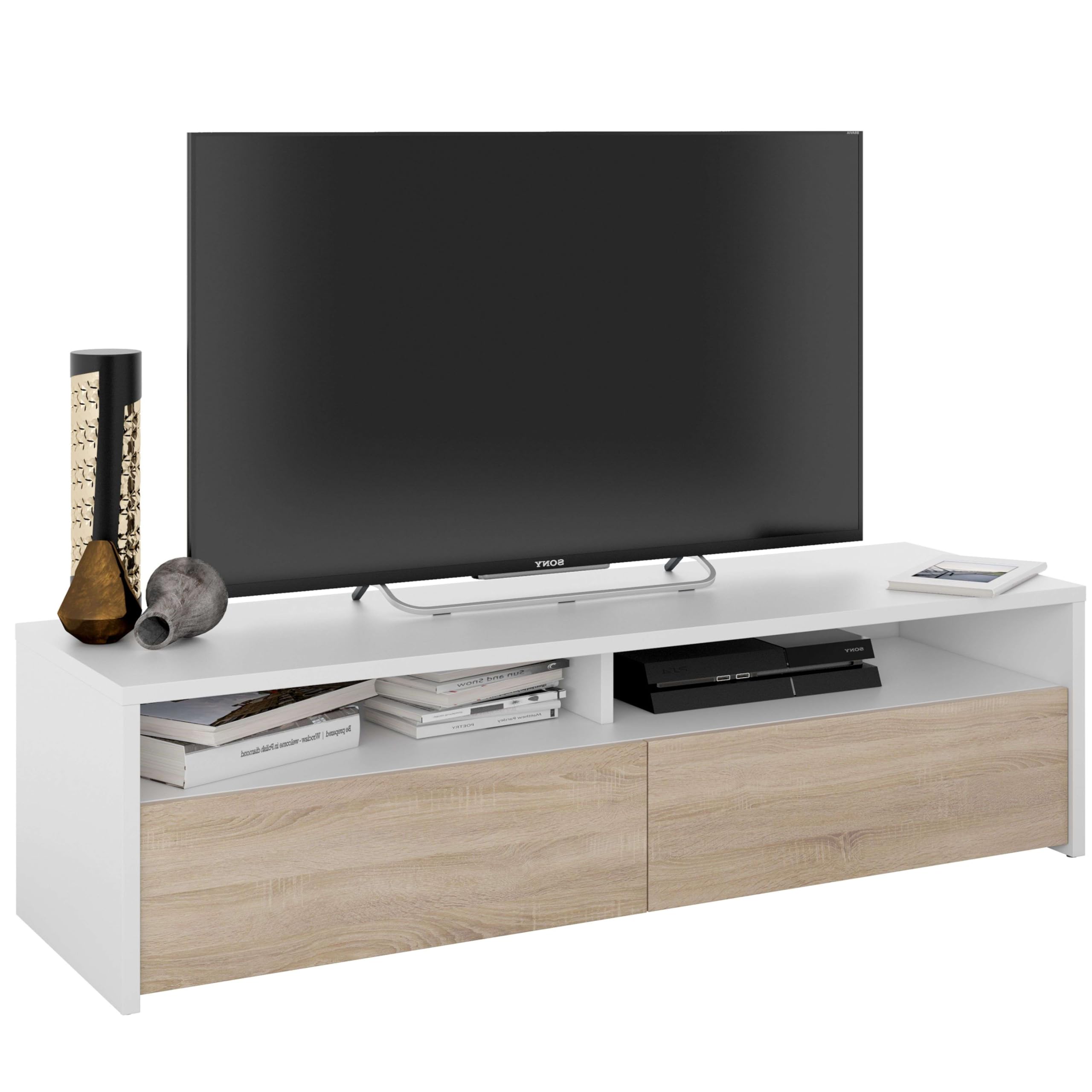 Habitdesign Mueble de Salon, modulo de Comedor Kioto, Acabado Color Blanco Artik y Roble Canadian, Medidas: 130 cm (Ancho) x 35,5 cm (Alto) x 40,2 cm (Fondo)