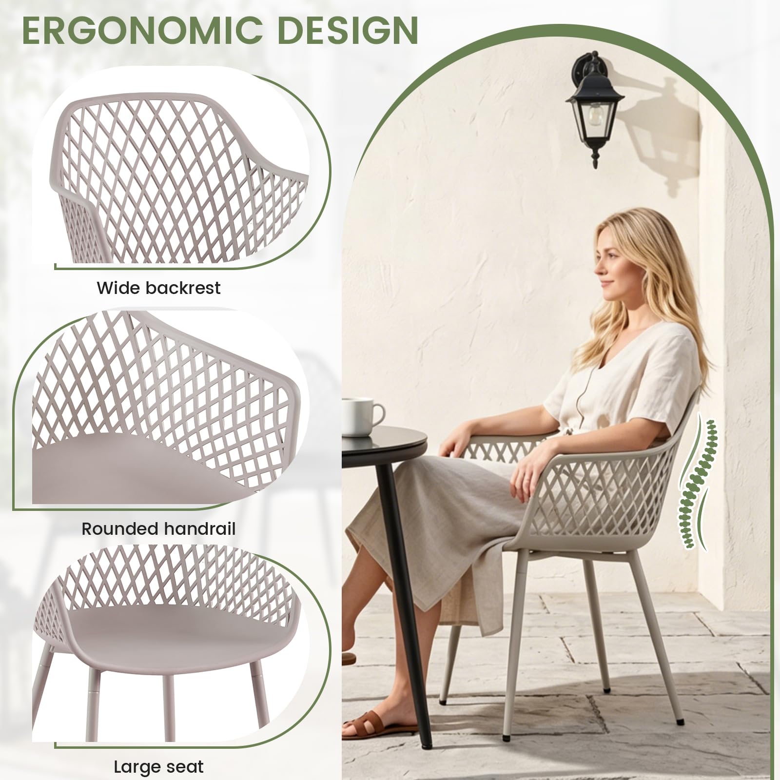 buybyroom Sillas Terraza Exterior, Pack de 4 Sillas Jardin Exterior con Reposabrazos, Patas de Metal y Respaldo de Plástico Ergonómico, para Jardín, Terraza, Balcón, Salón,Comedor,Caqui Claro
