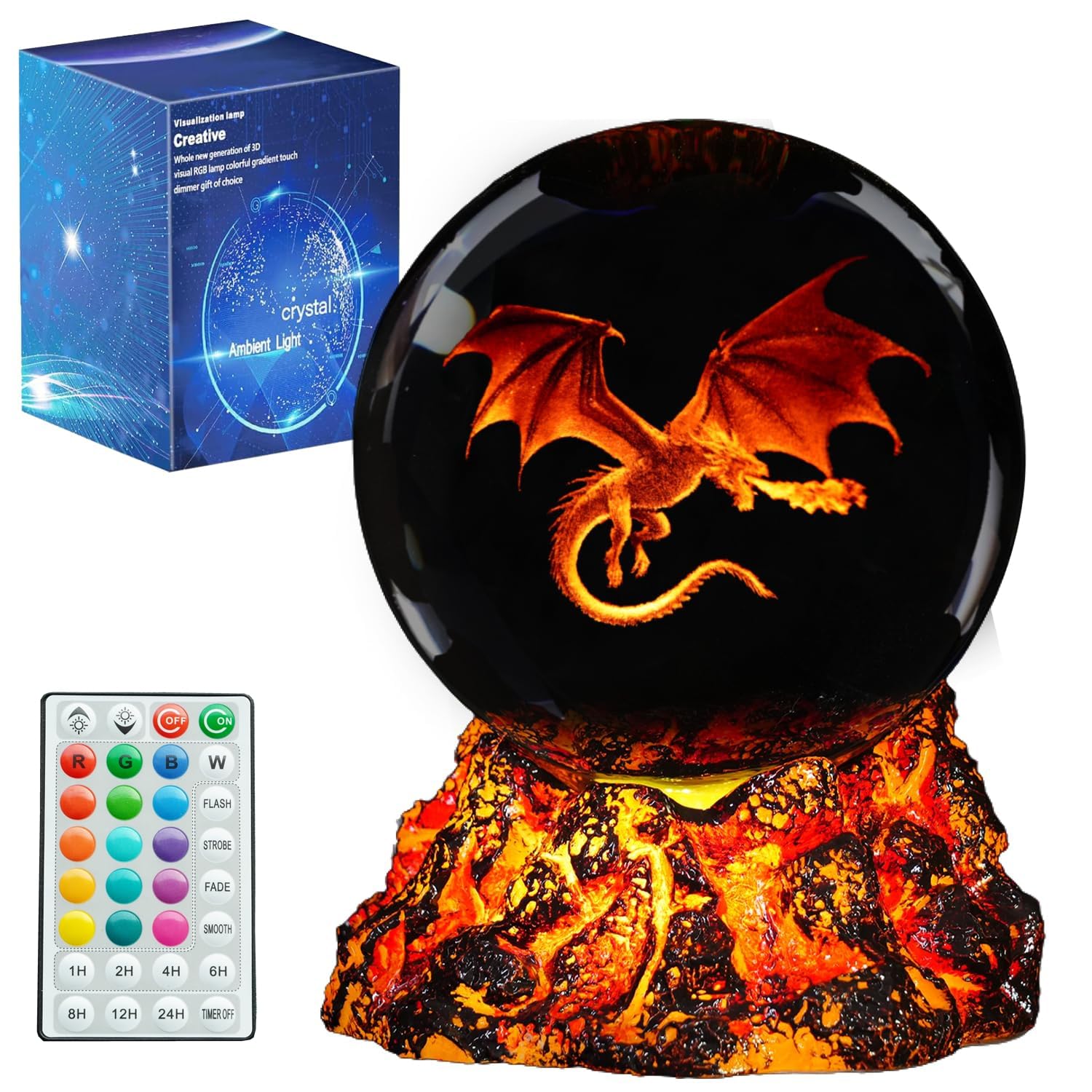 Posshe Boys Color 5 Dragon Night Light, 3.15 Inch (80Mm) K9 Crystal Upgraded Volcanic Lava Base 3D Lamp With Remote 16 Color For Birthday Xmas Cool Figurines Dragon Gifts For Room Decor Girls