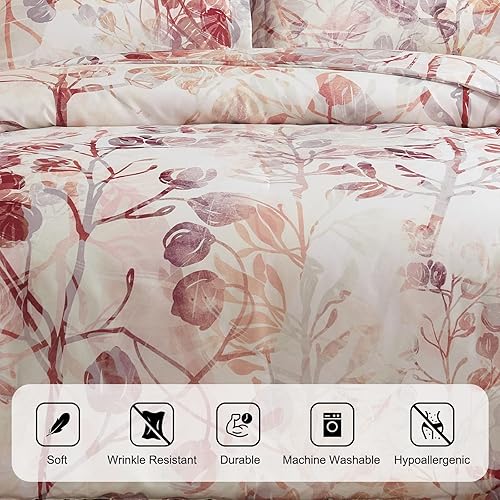 Miniatura 2 de Juego de edredón vintage bohemio tamaño Queen  Juegos de ropa de cama floral con césped y plumas de estilo retro para mujeres, adolescentes y niñas,