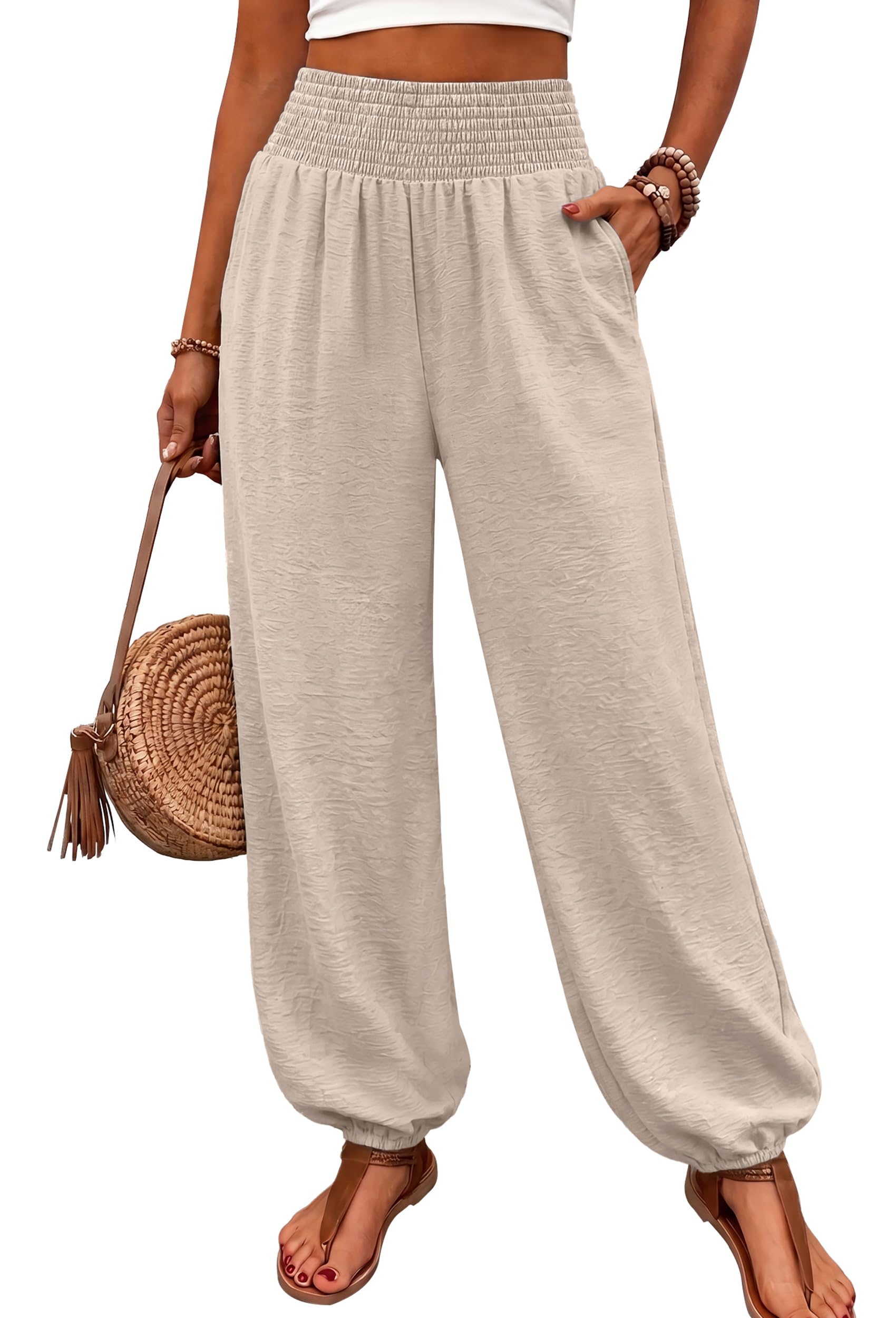 Women's Smocked High Waist Harem Pants, Lightweight Linen Look Balloon Pants with Elastic Cuffs and Pockets