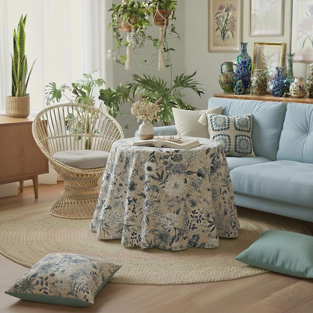 LaFábricadelasTelas - Falda o Ropa de Mesa Camilla Redonda Primavera Verano Loneta Estampada Flores algodón, Faldón Faldilla enagüilla (Gris-Azulado, 100 cm diámetro)