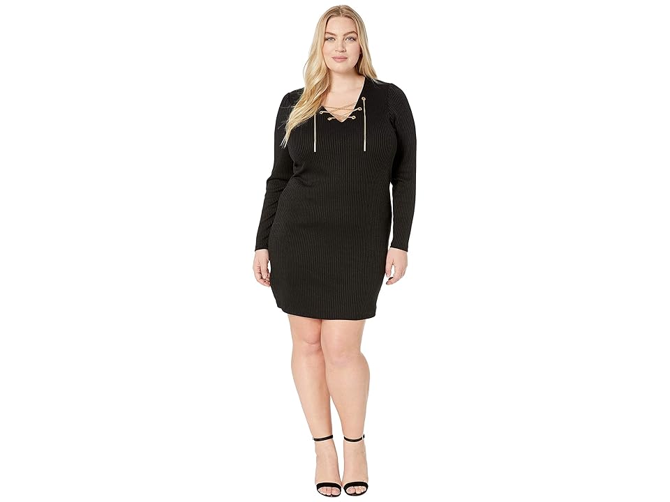 

MICHAEL Michael Kors Plus Size Rib V-Neck Puff Sleeve Dress (Black) Women's Dress