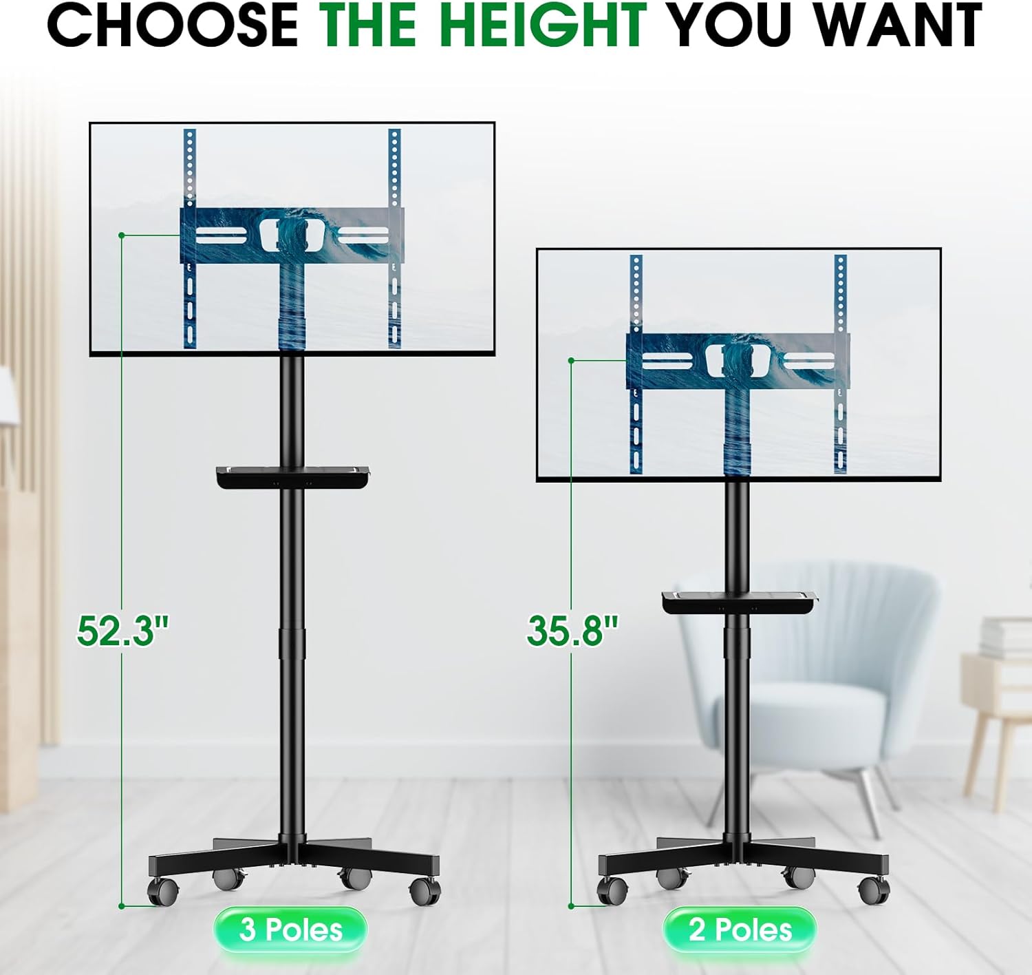 Mobile TV Cart Rolling TV Stand for 23-60 Inch LCD LED Flat Curved Screens up to 88 lbs, Height Adjustable Portable TV Stand on Wheels with Shelf, Outdoor TV Stand Mount, Max VESA 400x400mm, Black