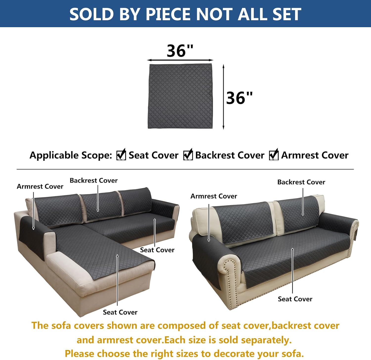 Eismodra Couch Covers for 3 Cushion Couch Sofa Cover Sectional Slipcovers Washable Furniture Protector for Dogs Pet L Shaped Chaise Lounge,Dark Gray 36 x 36 inches (Only 1 Piece)