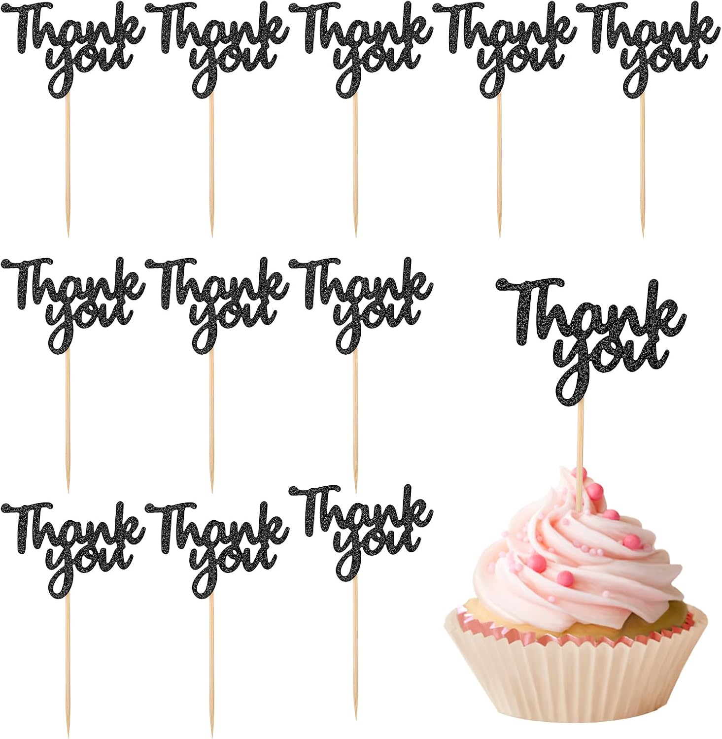 36Pcs Gold Glitter Thank You Cupcake Toppers Cake Decorations Thank You Cupcake Picks for Birthday Wedding Decorations Thanksgiving Day Anniversary Party Decoration Supplies（Gold）