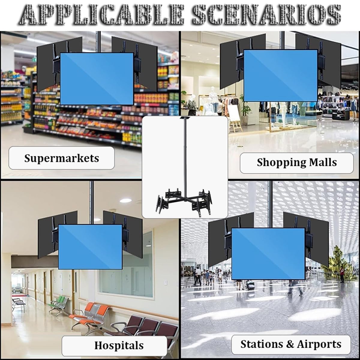 Soporte de TV de techo para 3 o 4 pantallas, compatible con la mayoría de televisores de 32 a 75 pulgadas, soporte de TV de techo ajustable y giratorio de 360°,4screen