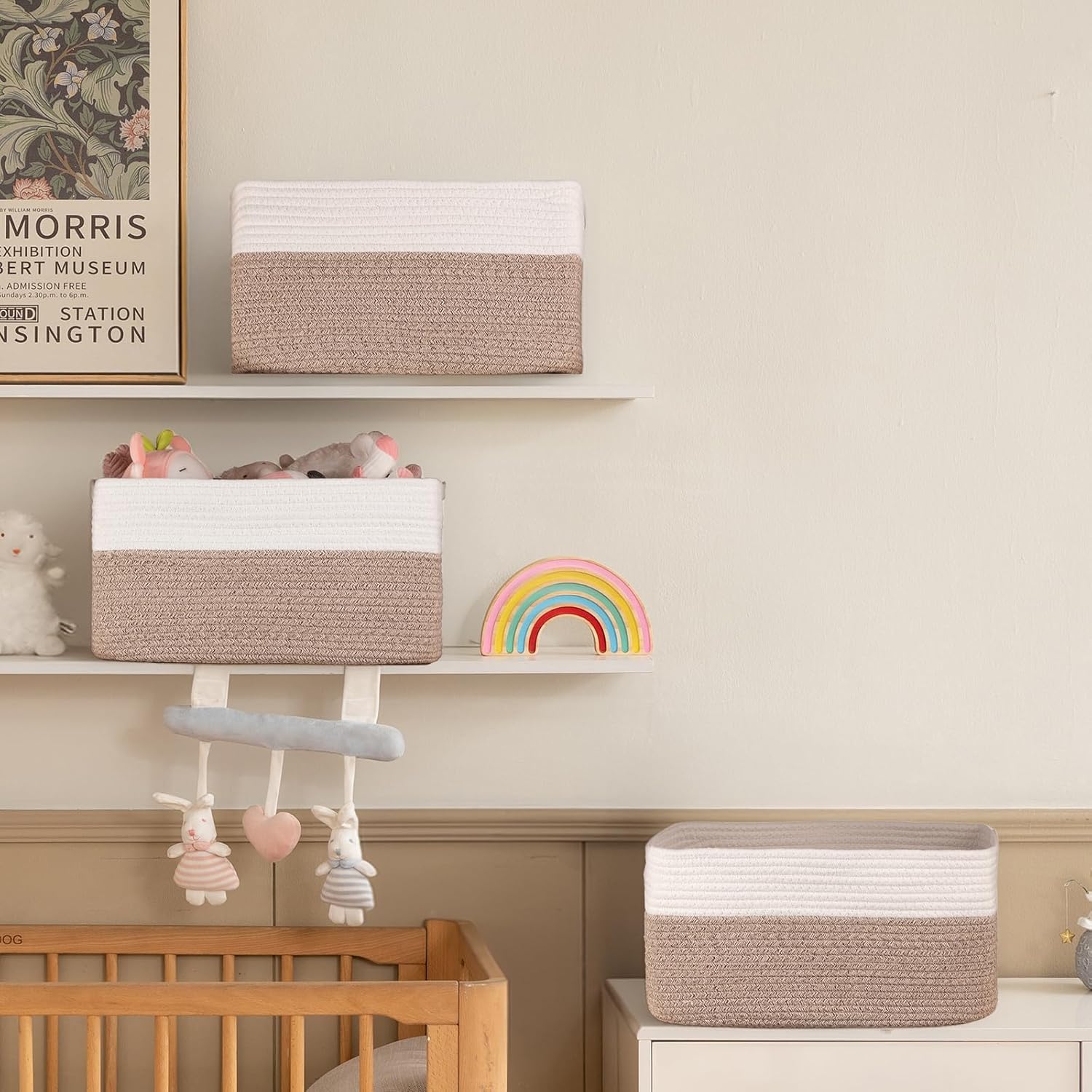 4 Pack Storage Baskets for Organizing, Woven Baskets for Shelves - Perfect for Toys, Books, Towels, and Clothes, Durable Gift Basket Bins Toy Storage, 15.7''Lx11.8''Wx7.8''H, Brown & White